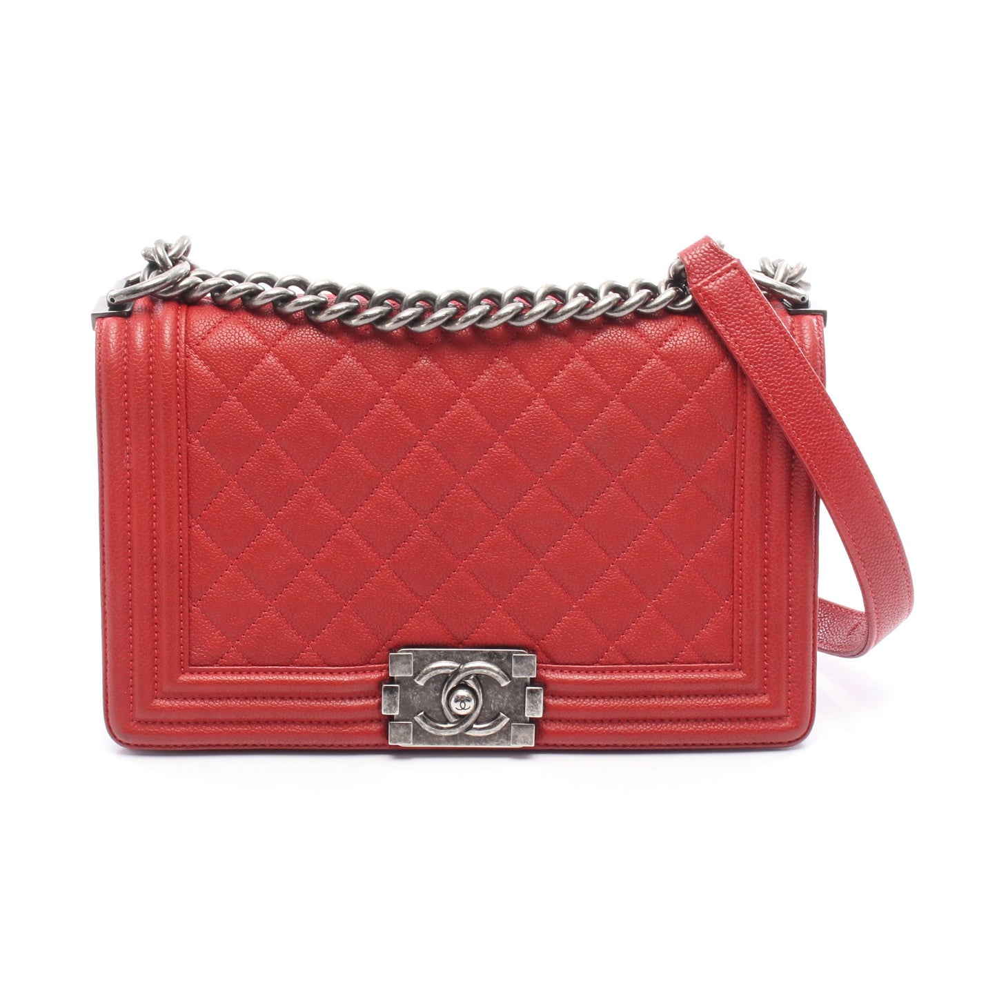ボーイシャネル チェーンショルダーバッグ キャビアスキン レッド アンティークシルバー金具 シャネル バッグ CHANEL
