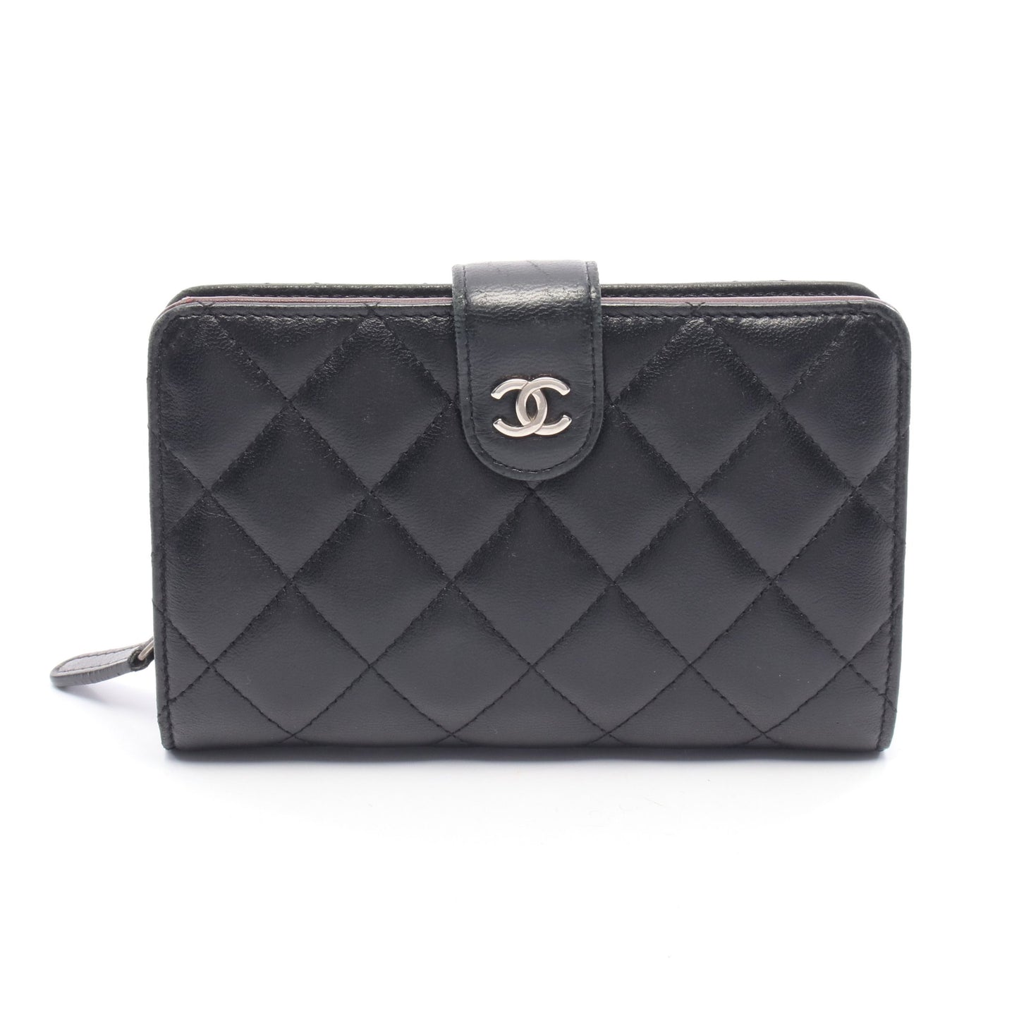 マトラッセ 二つ折り財布 ラムスキン ブラック シルバー金具 シャネル 財布・小物 CHANEL
