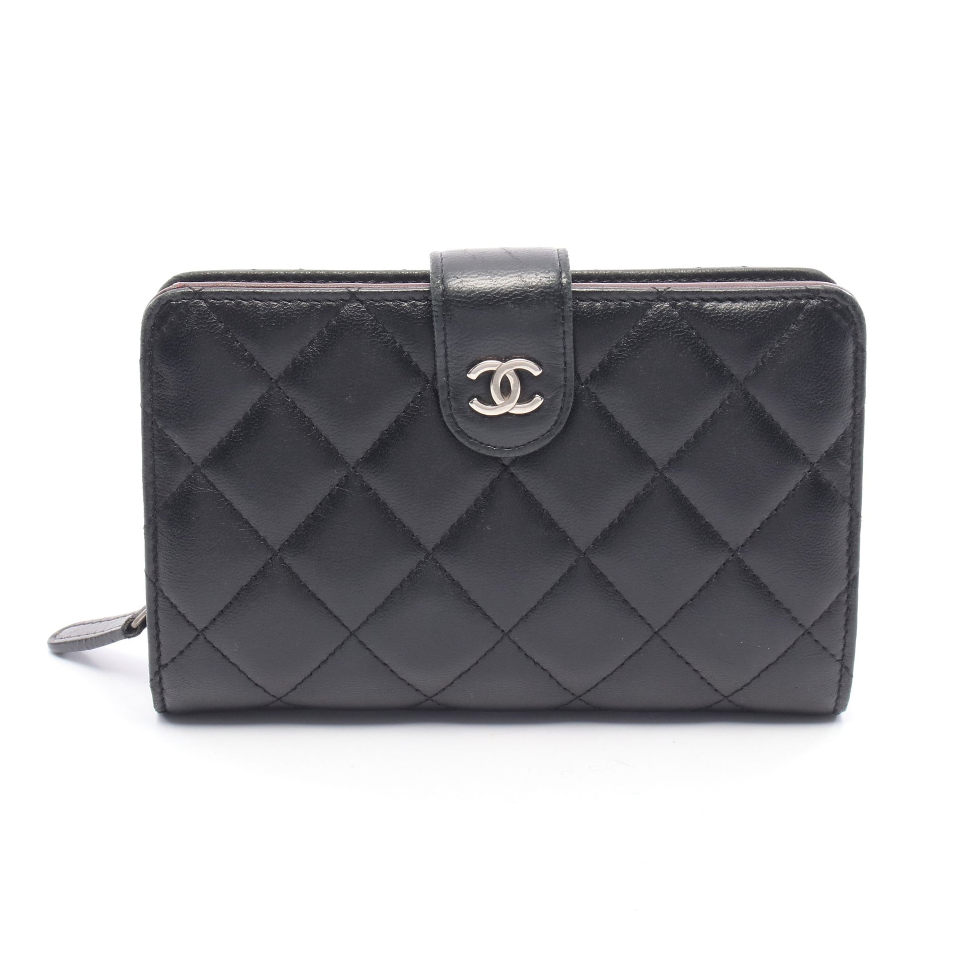 マトラッセ 二つ折り財布 ラムスキン ブラック シルバー金具 シャネル 財布・小物 CHANEL