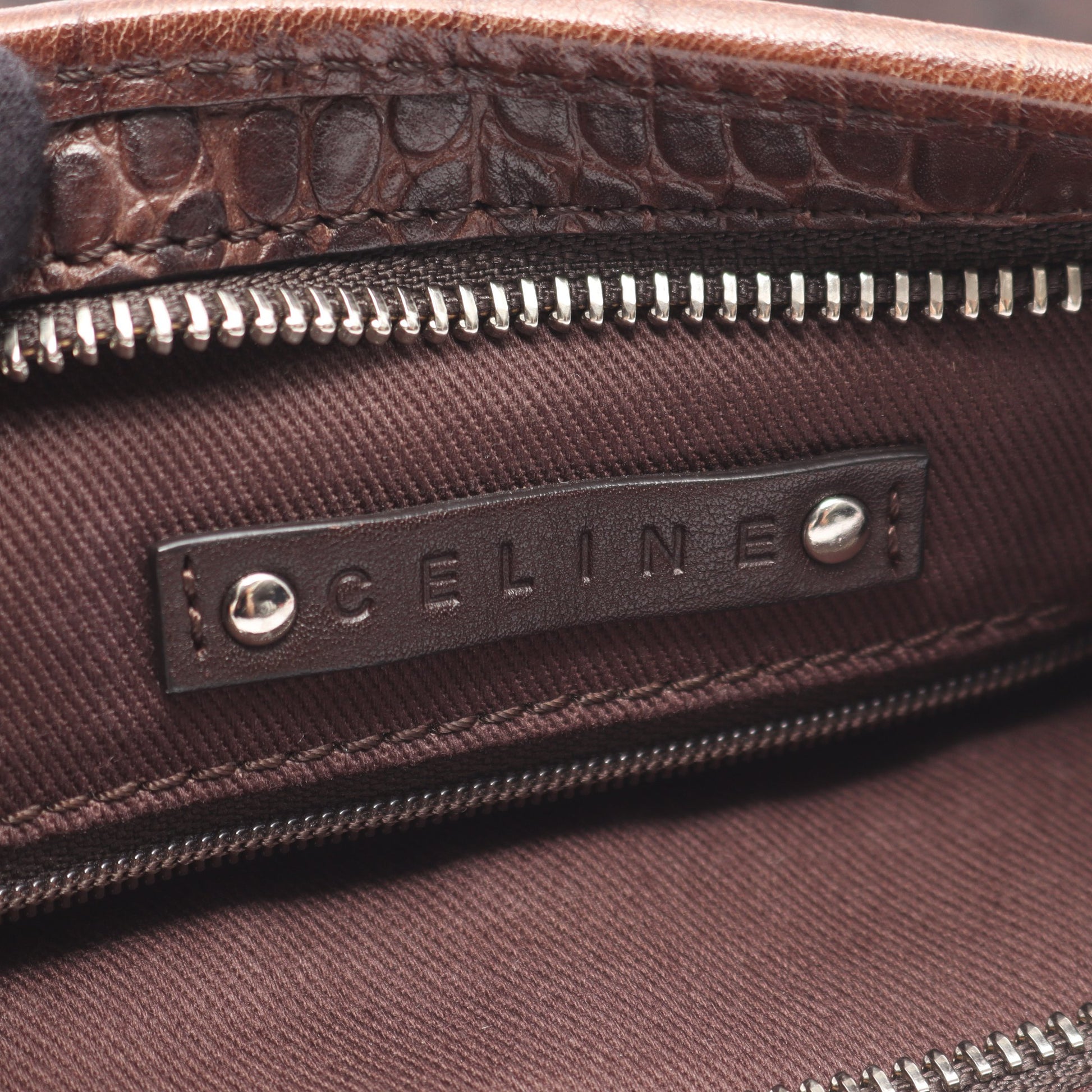 マカダム ショルダーバッグ キャンバス レザー ブラウン 型押し セリーヌ バッグ CELINE