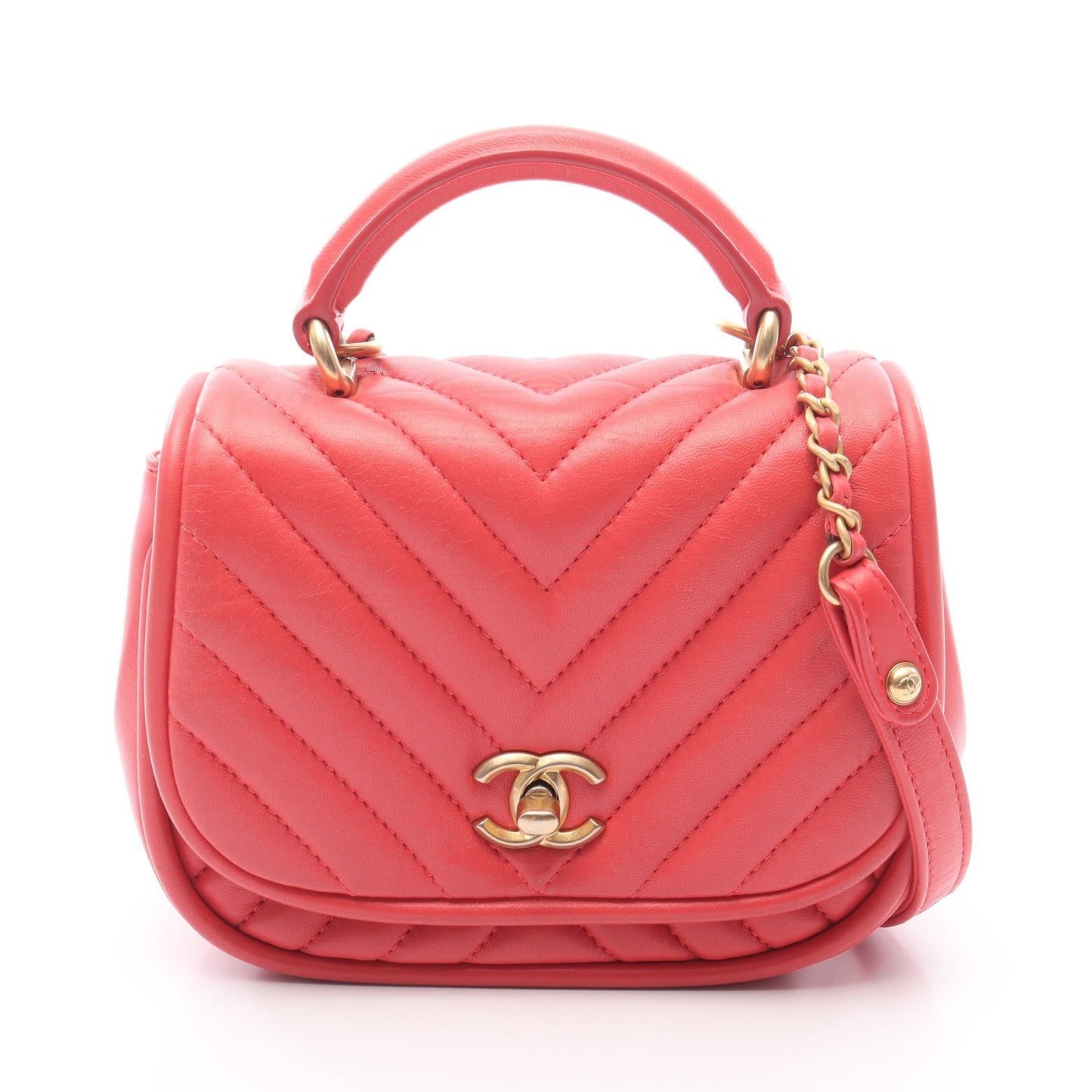 シェブロン Vステッチ チェーンショルダーバッグ ラムスキン コーラルピンク ゴールド金具 2WAY シャネル バッグ CHANEL