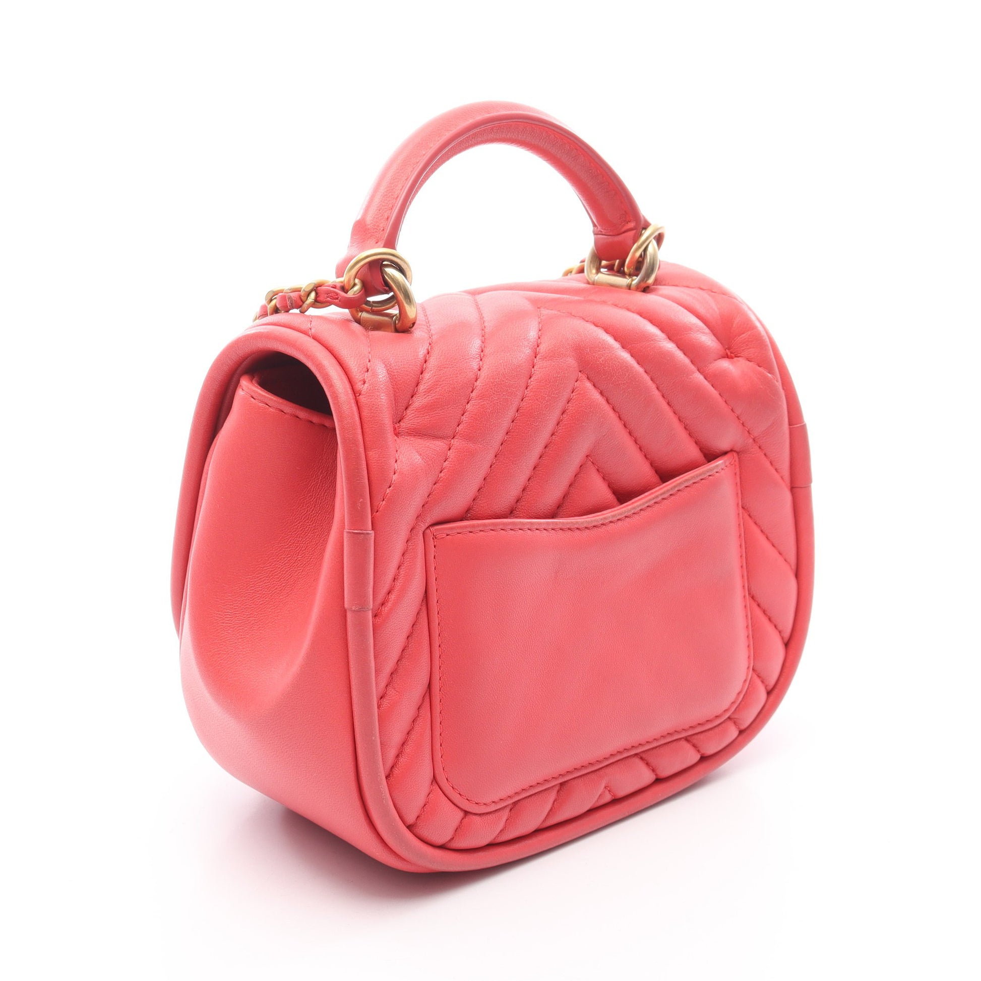 シェブロン Vステッチ チェーンショルダーバッグ ラムスキン コーラルピンク ゴールド金具 2WAY シャネル バッグ CHANEL