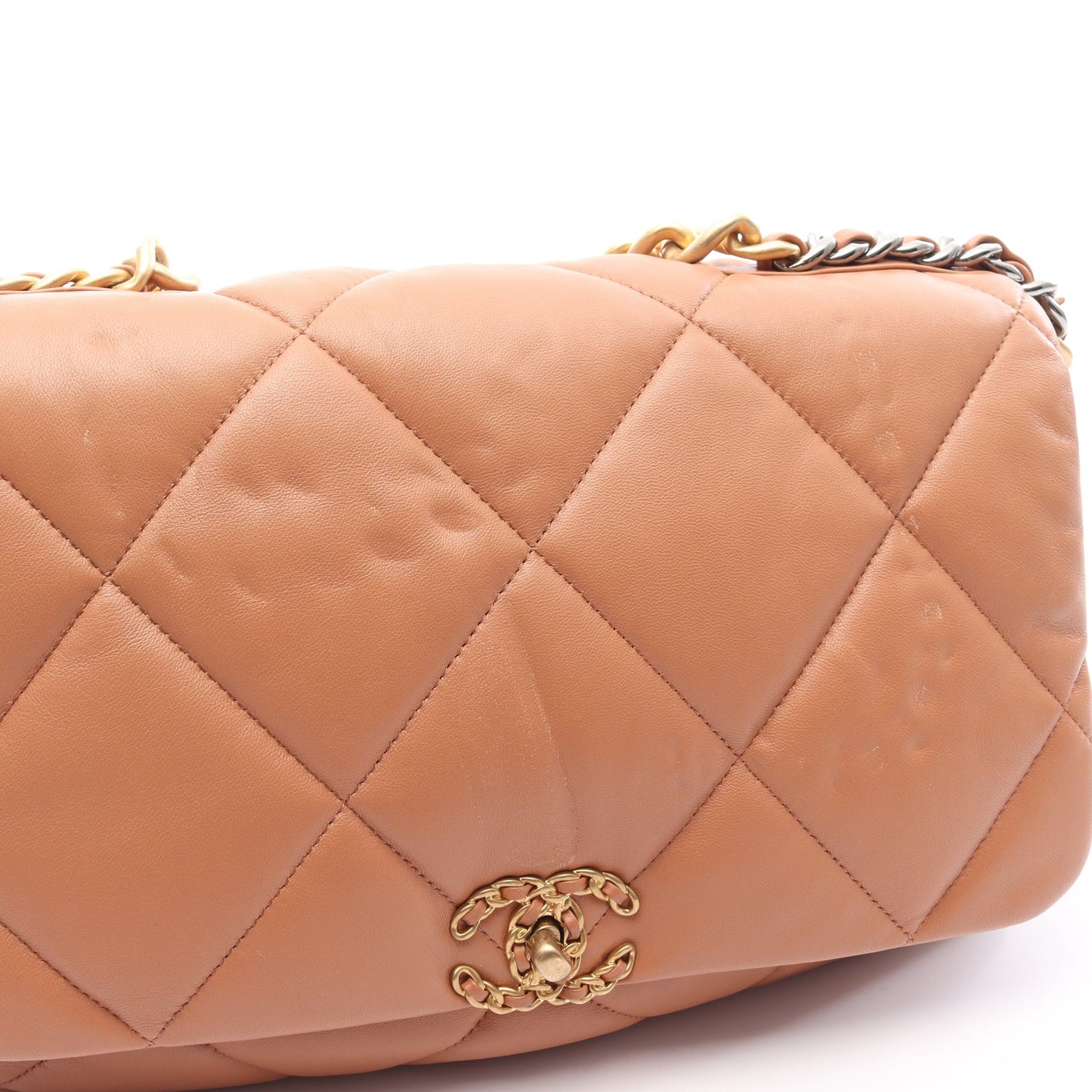 19 ディズヌフ マキシ マトラッセ チェーンショルダーバッグ ラムスキン ライトブラウン コンビ金具 2WAY シャネル バッグ CHANEL