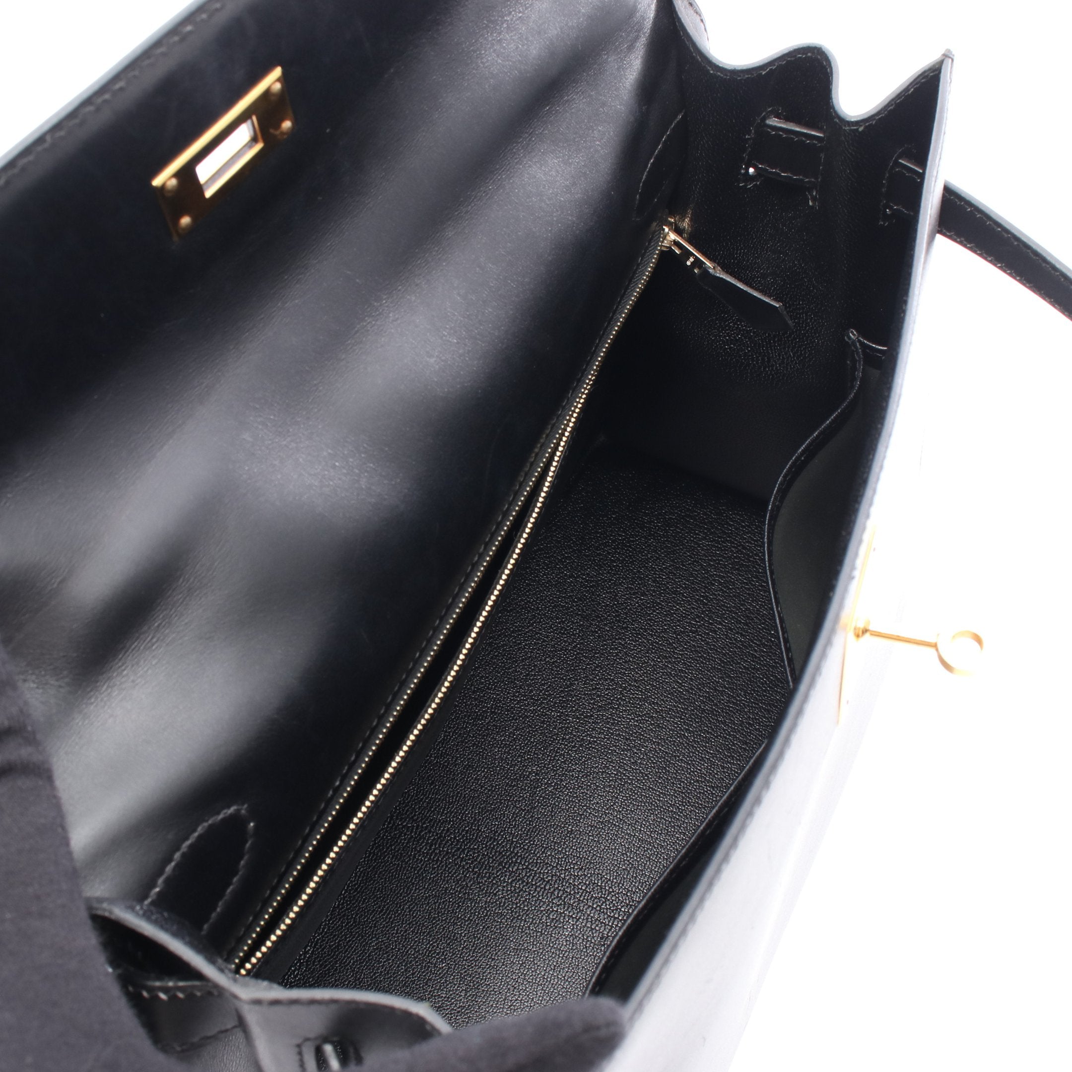 ケリー32 ハンドバッグ ボックスカーフ ブラック ゴールド金具 外縫い