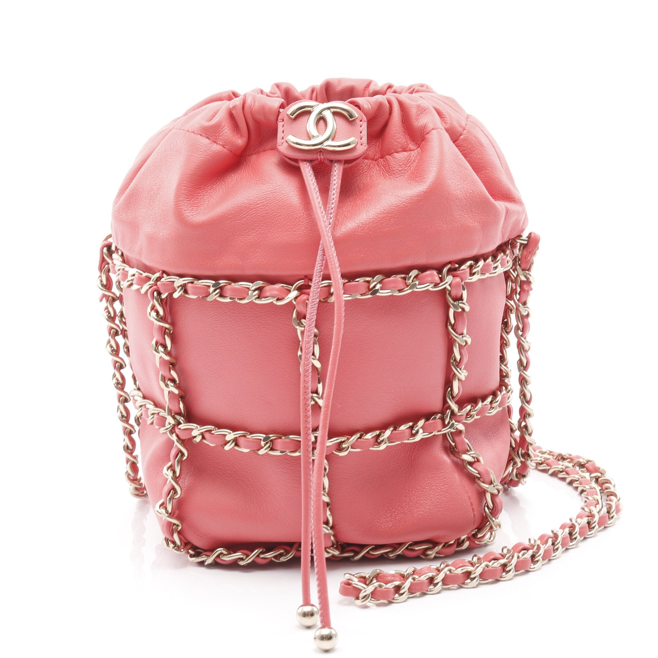 ココマーク 巾着 チェーンショルダーバッグ ラムスキン ピンク