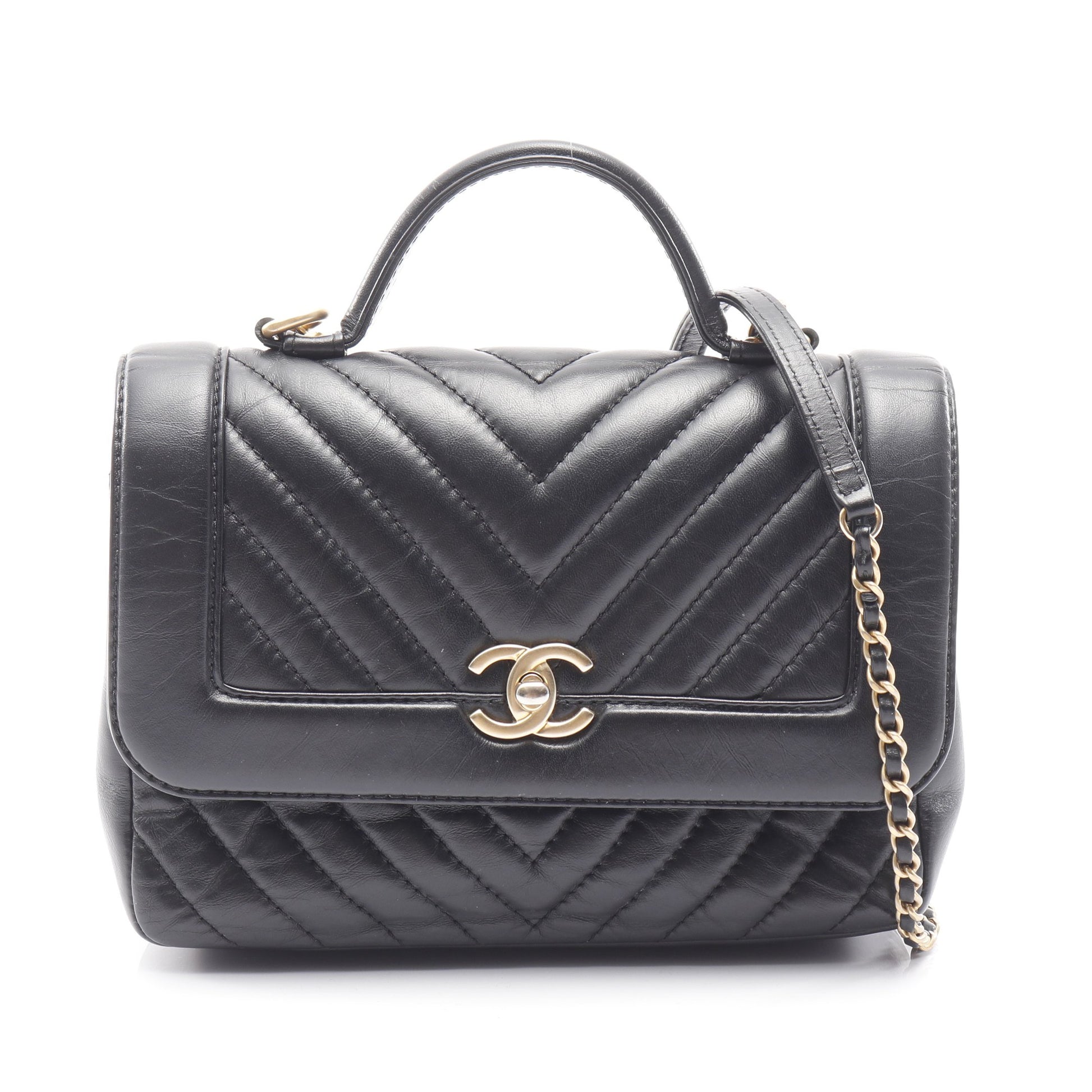 チェーンショルダーバッグ エイジドカーフスキン ブラック ゴールド金具 2WAY シャネル バッグ CHANEL