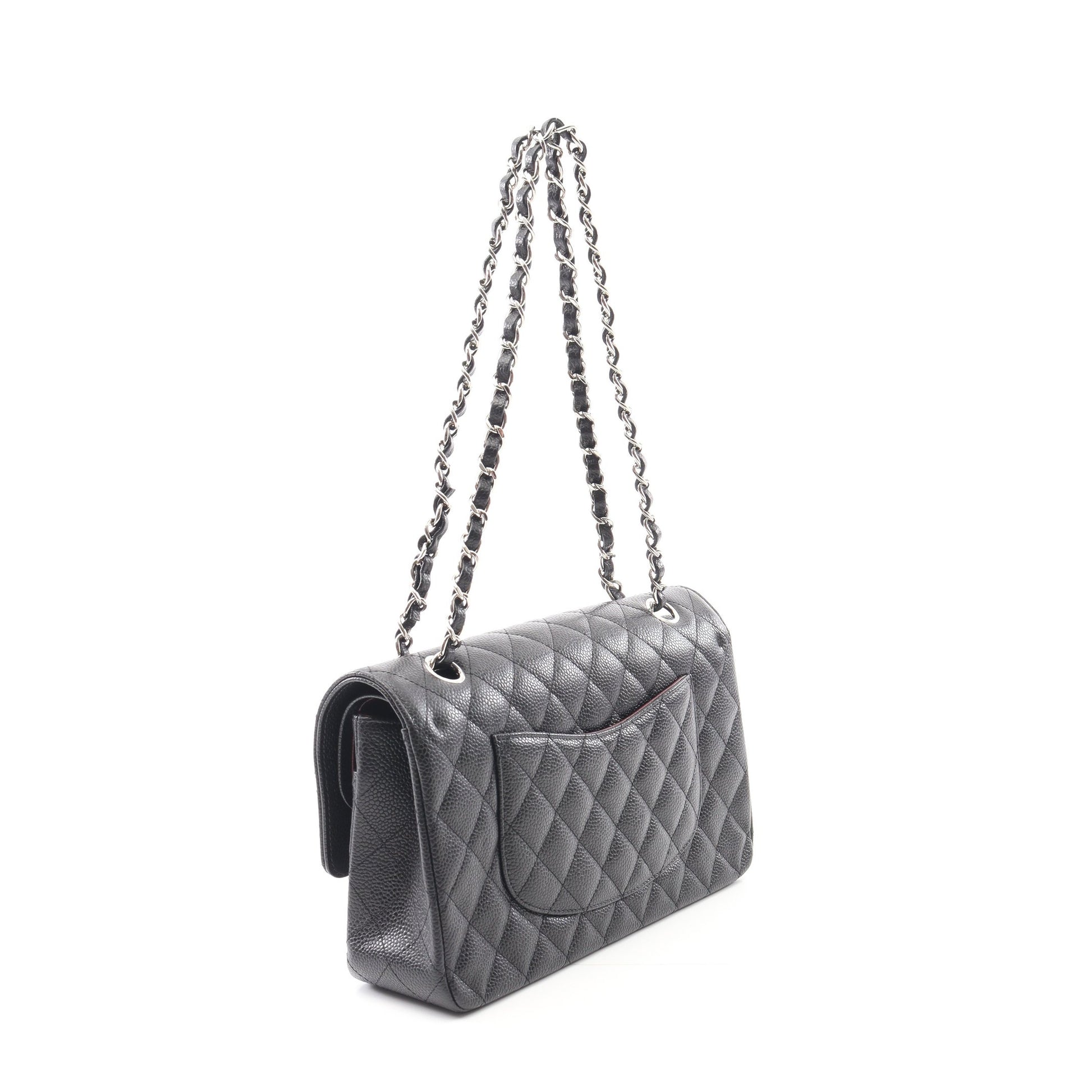マトラッセ Wフラップ Wチェーンショルダーバッグ キャビアスキン ブラック シルバー金具 シャネル バッグ CHANEL