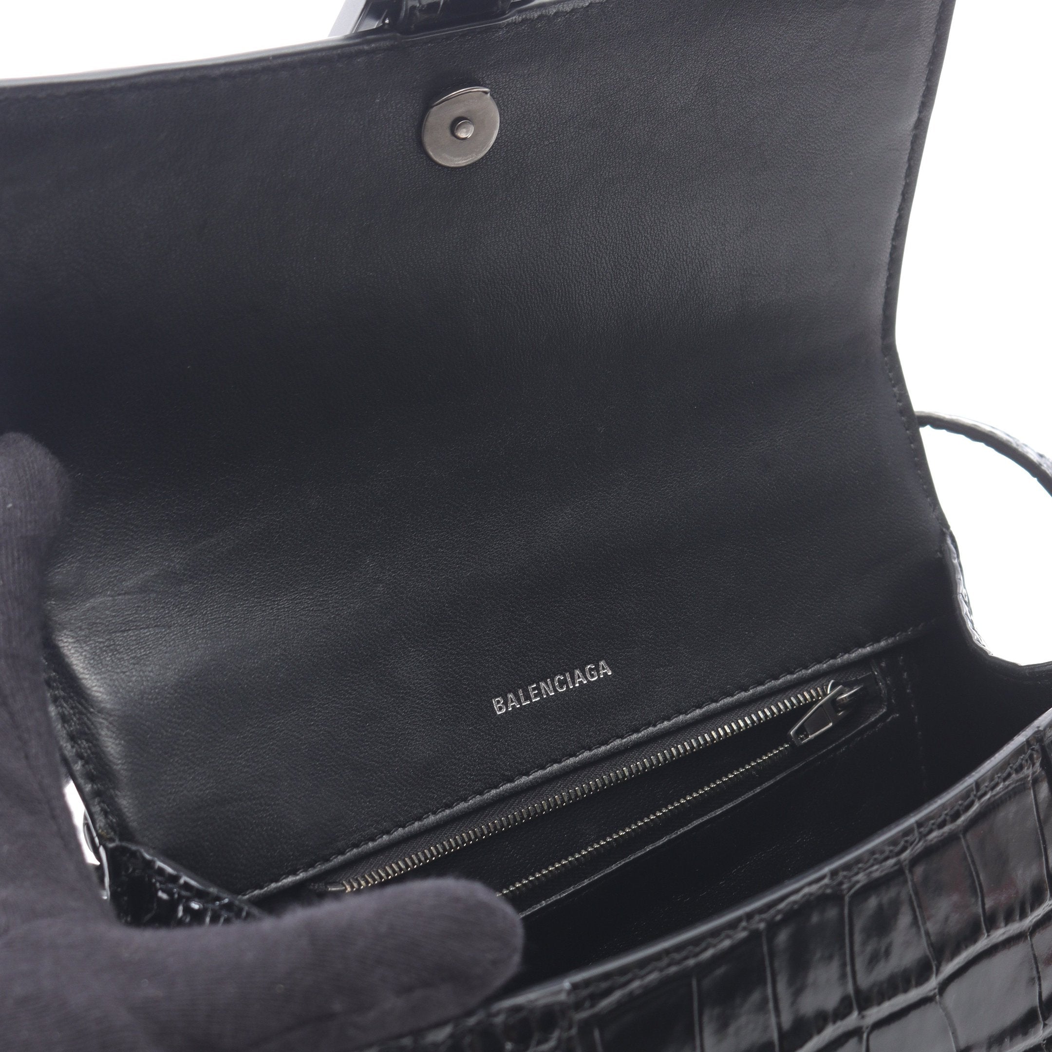 アワーグラス スモール ハンドバッグ レザー ブラック クロコ型押し