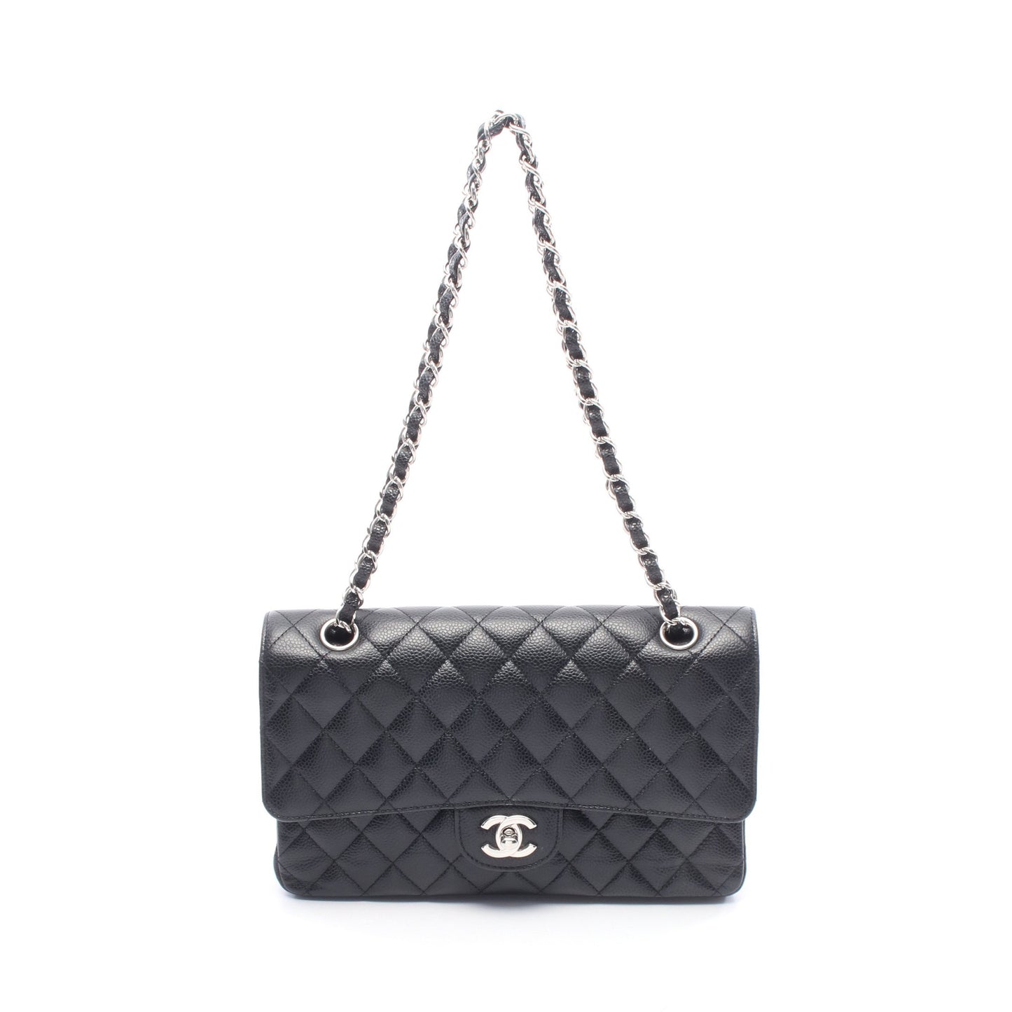 マトラッセ Wフラップ Wチェーンショルダーバッグ キャビアスキン ブラック シルバー金具 シャネル バッグ CHANEL