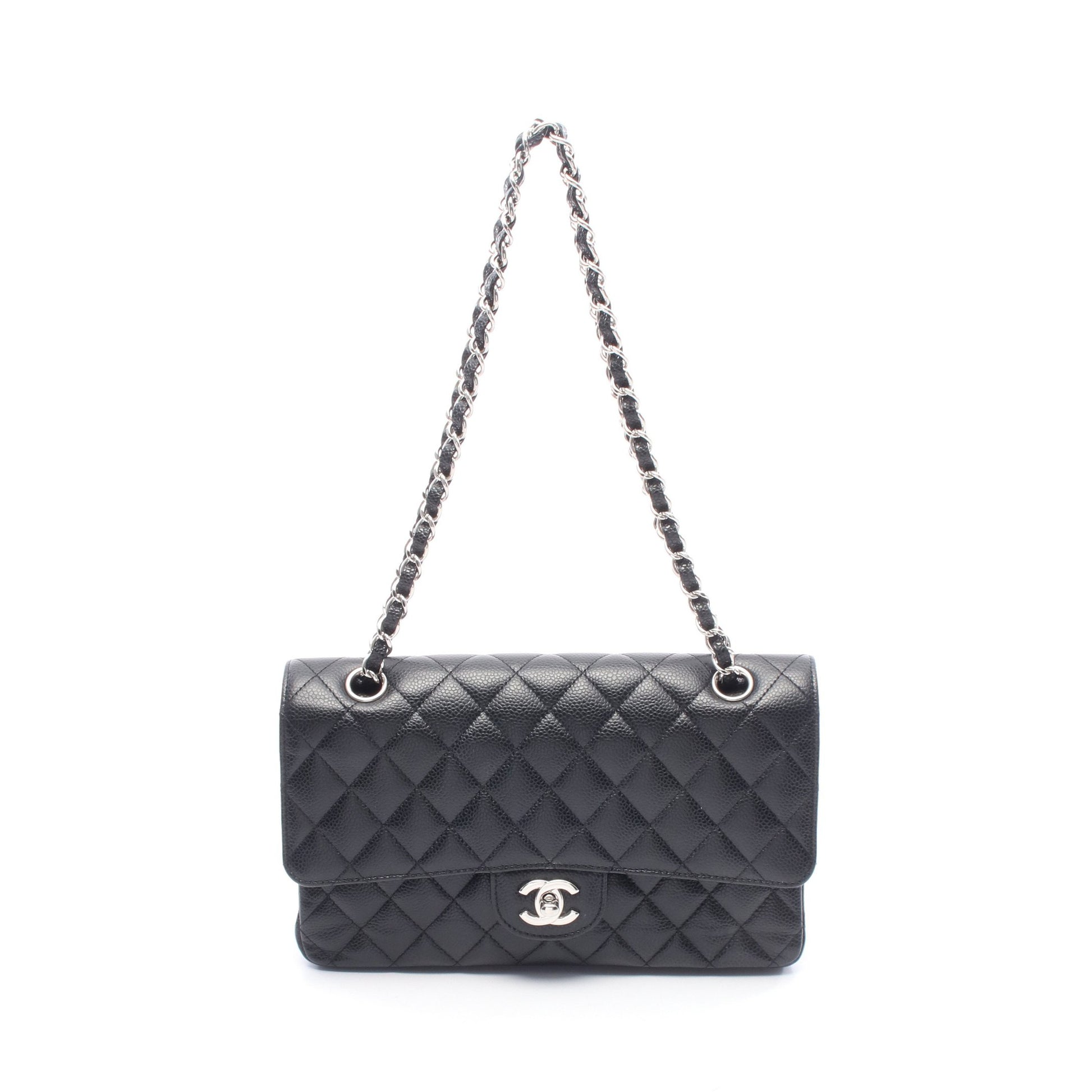 マトラッセ Wフラップ Wチェーンショルダーバッグ キャビアスキン ブラック シルバー金具 シャネル バッグ CHANEL