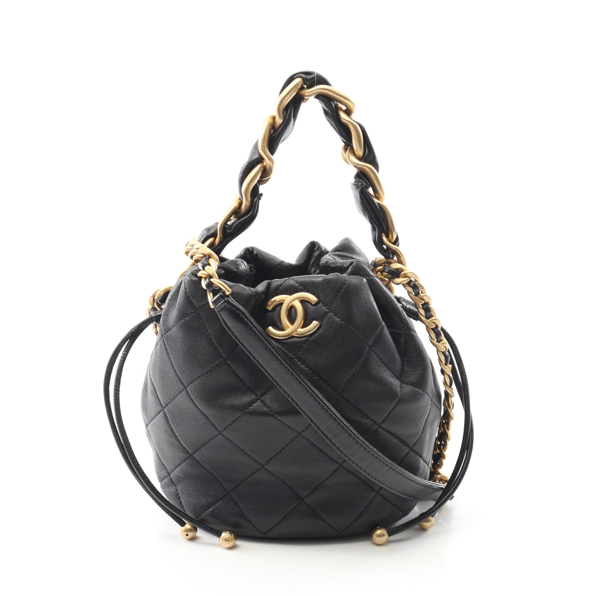 マトラッセ チェーンショルダーバッグ ラムスキン ブラック ゴールド金具 2WAY 巾着 シャネル バッグ CHANEL