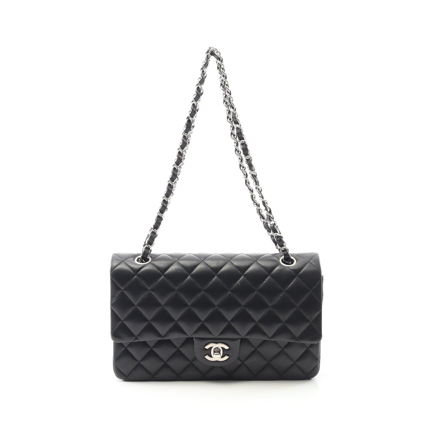 マトラッセ Wフラップ Wチェーンショルダーバッグ ラムスキン ブラック シルバー金具 シャネル バッグ CHANEL