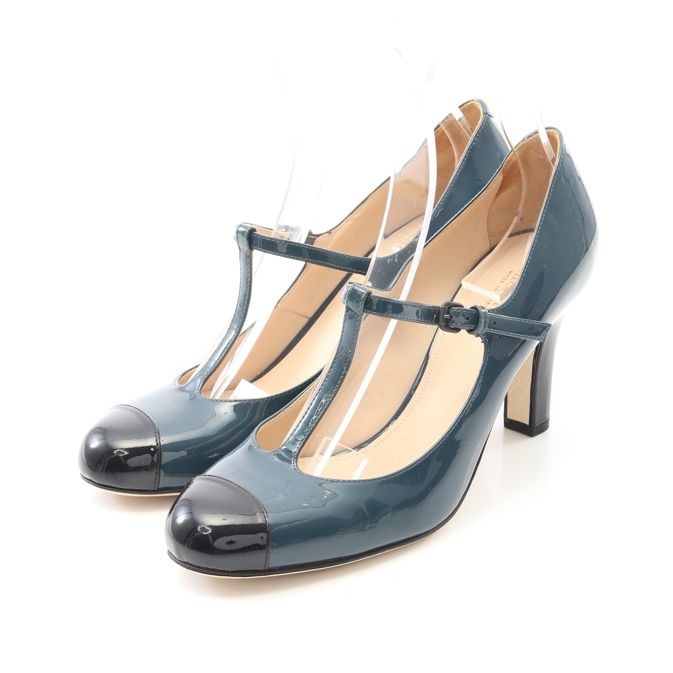 【美品】BOTTEGAVENETA イントレチャート ストラップ パンプス Tストラップ パンプス エナメルレザー ブルーグリーン ブラック