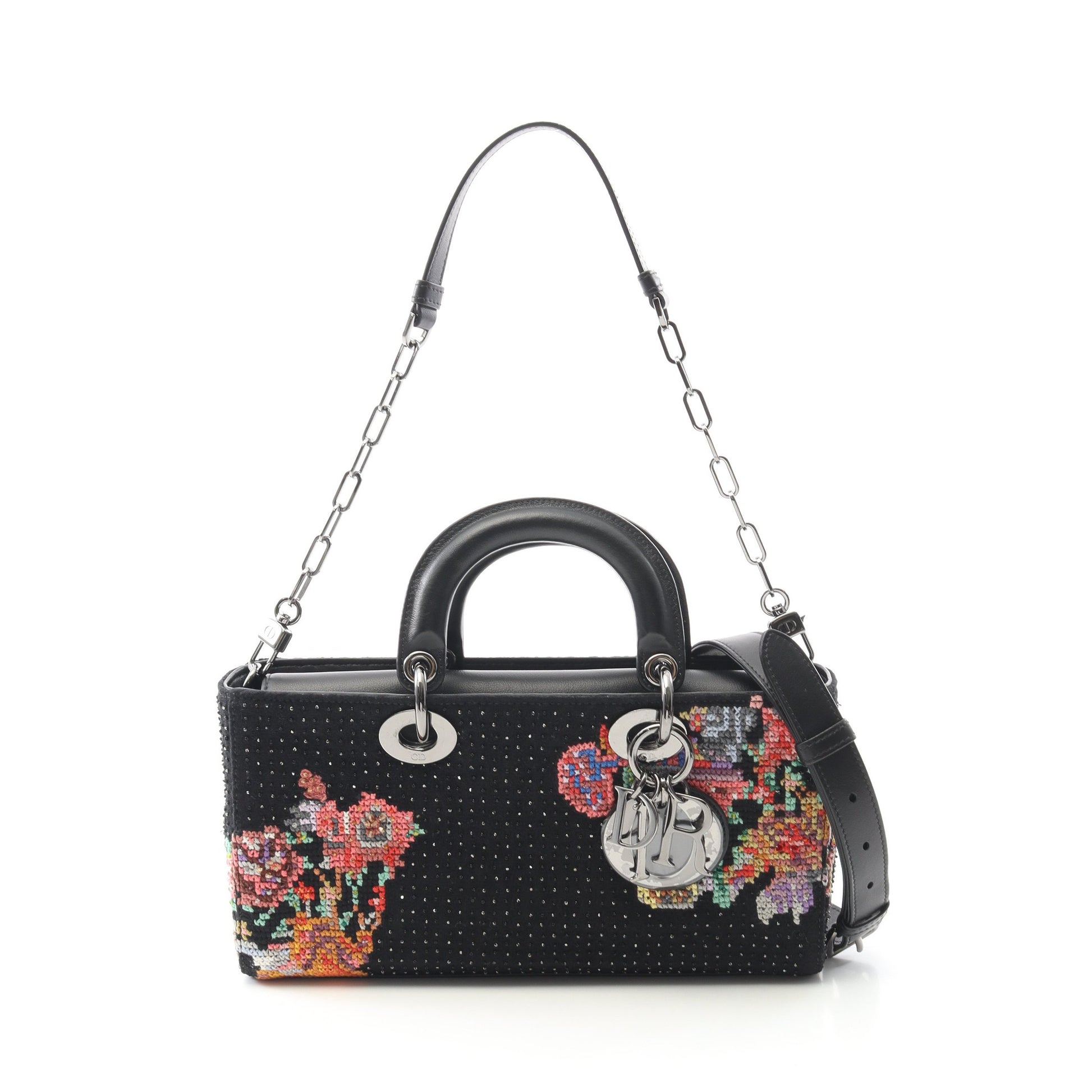 LADY D-JOY ミディアム ハンドバッグ キャンバス ブラック ビーズ 3WAY クリスチャンディオール バッグ Christian Dior