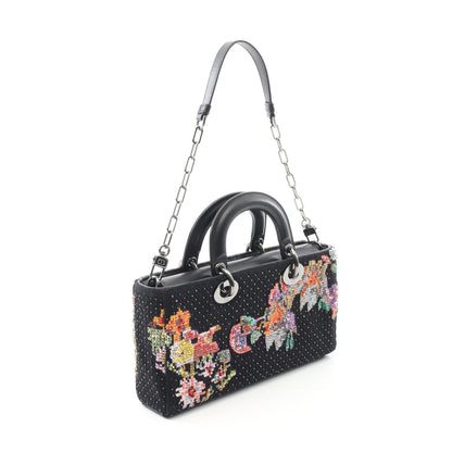 LADY D-JOY ミディアム ハンドバッグ キャンバス ブラック ビーズ 3WAY クリスチャンディオール バッグ Christian Dior