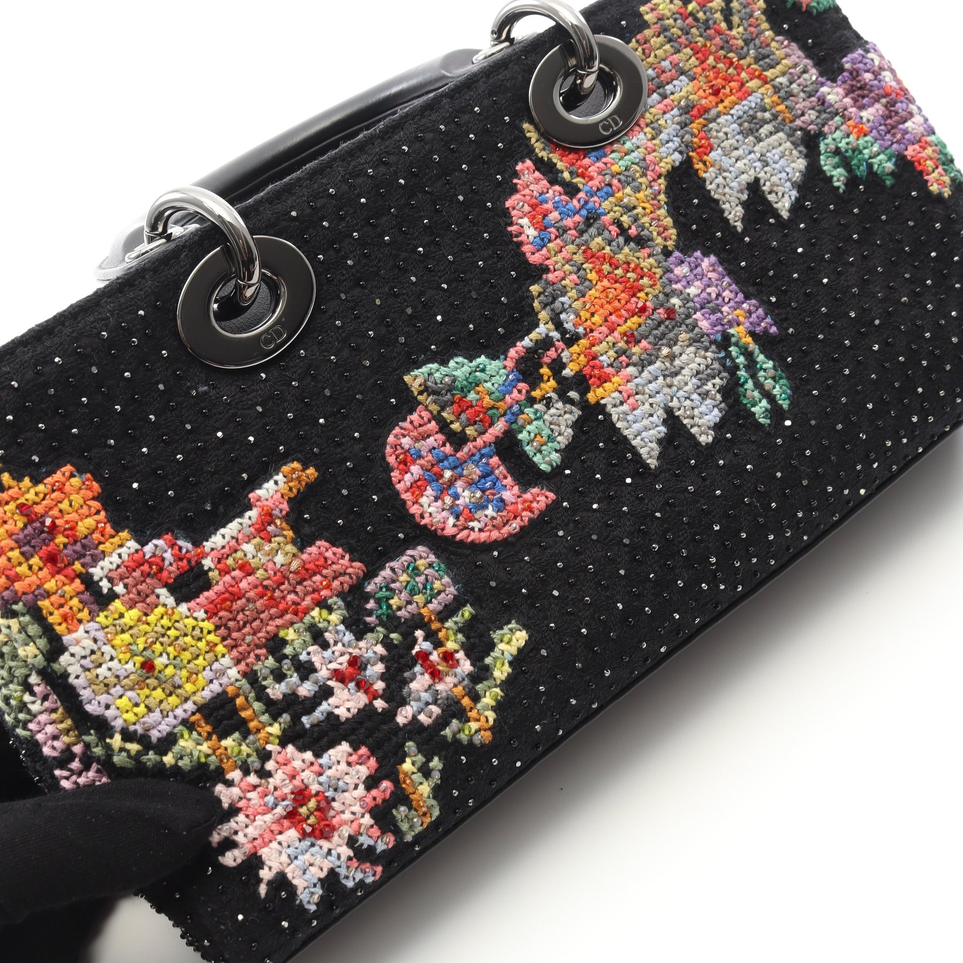 LADY D-JOY ミディアム ハンドバッグ キャンバス ブラック ビーズ 3WAY クリスチャンディオール バッグ Christian Dior
