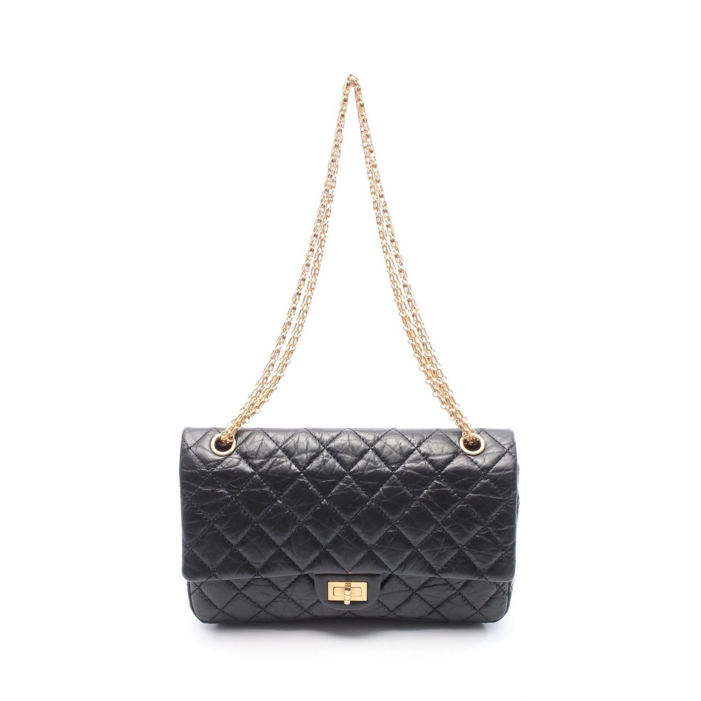 2.55 マトラッセ Wフラップ Wチェーンショルダーバッグ レザー ブラック ゴールド金具 シャネル バッグ CHANEL