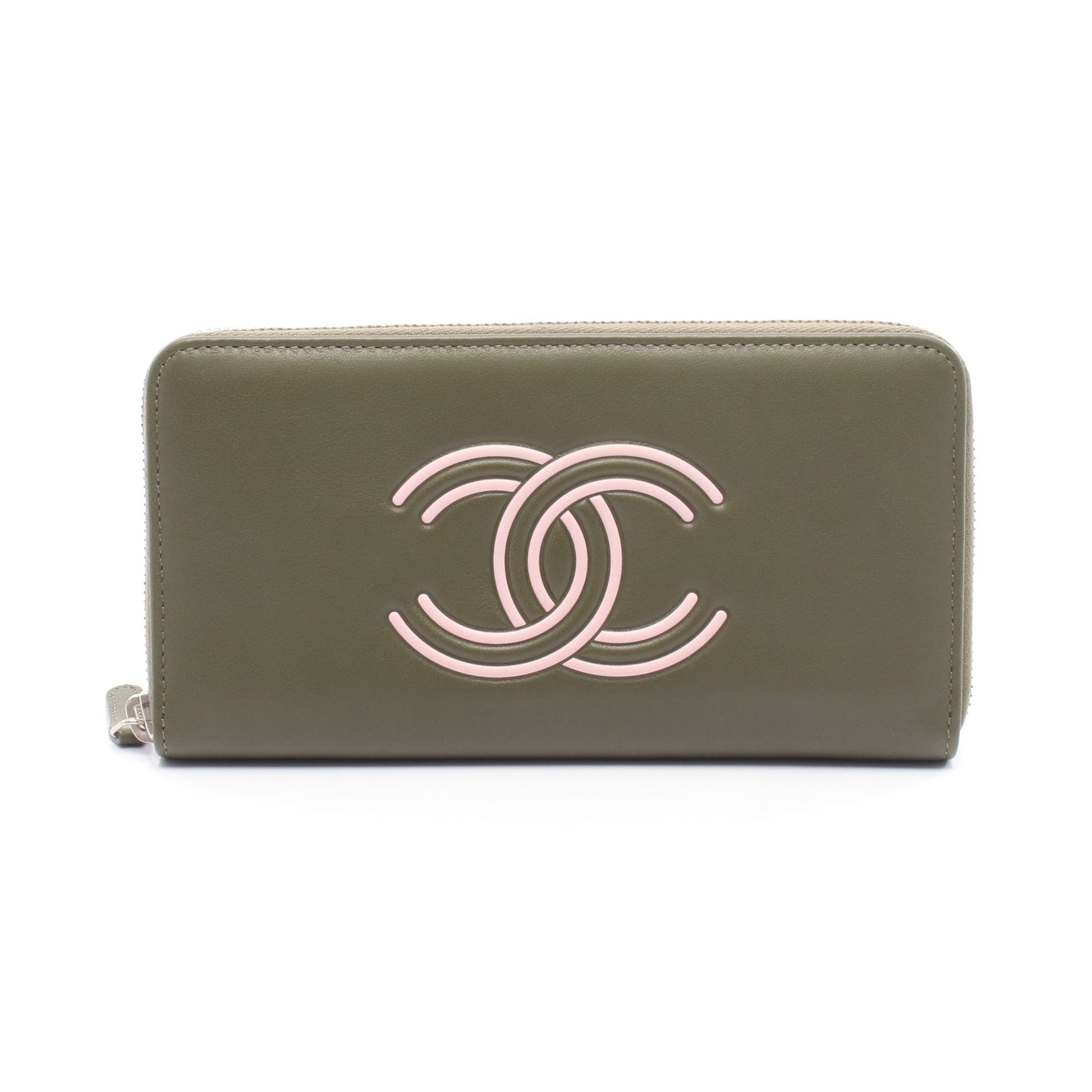 ココマーク ラウンドファスナー長財布 レザー カーキグリーン ピンク  