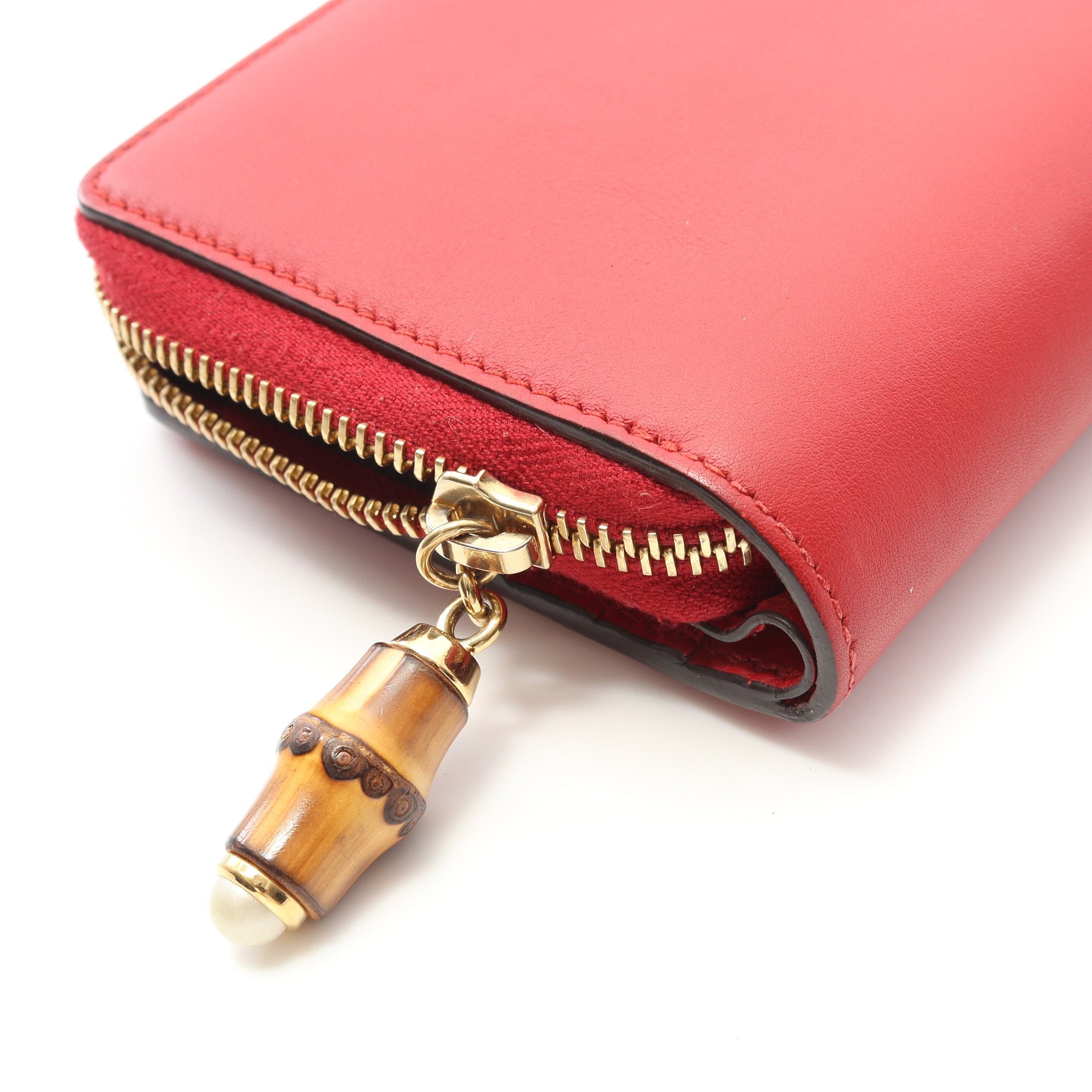 バンブー ラウンドファスナー長財布 二つ折り長財布 レザー レッド