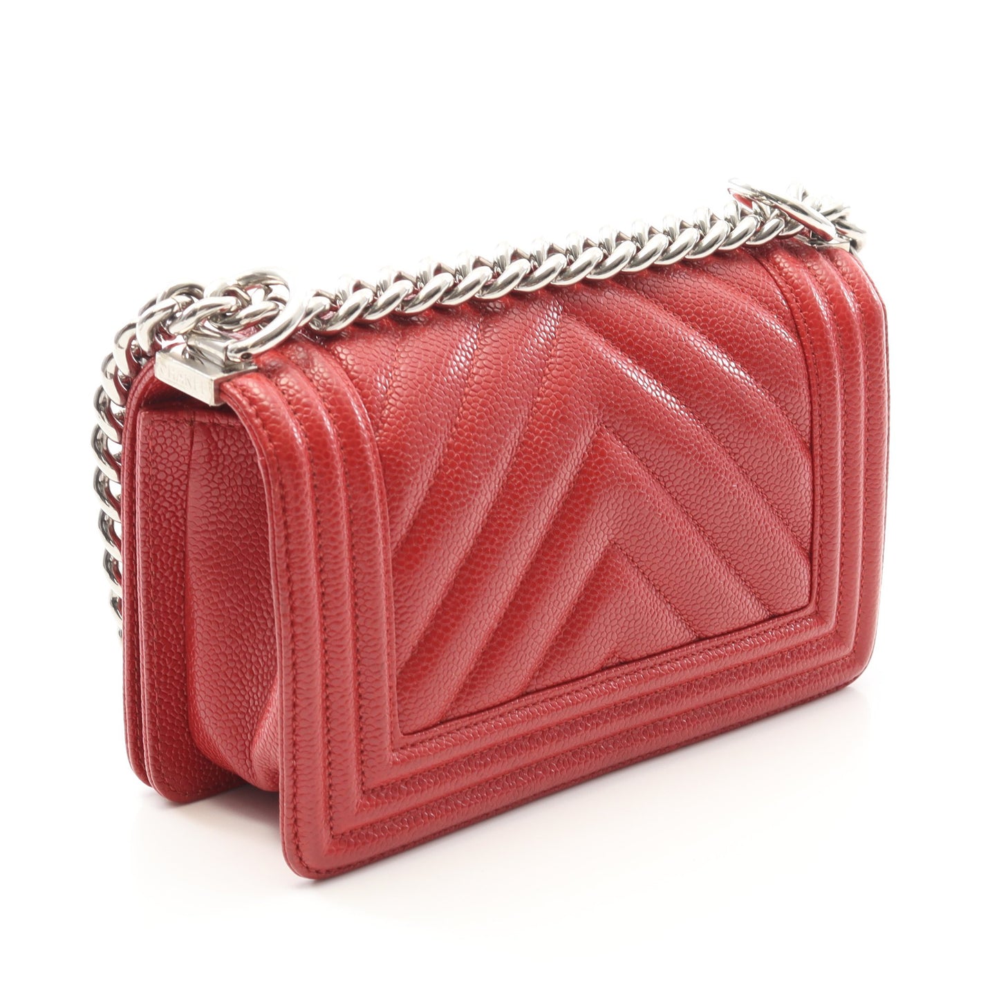 ボーイシャネル スモール チェーンショルダーバッグ キャビアスキン レッド シルバー金具 シャネル バッグ CHANEL
