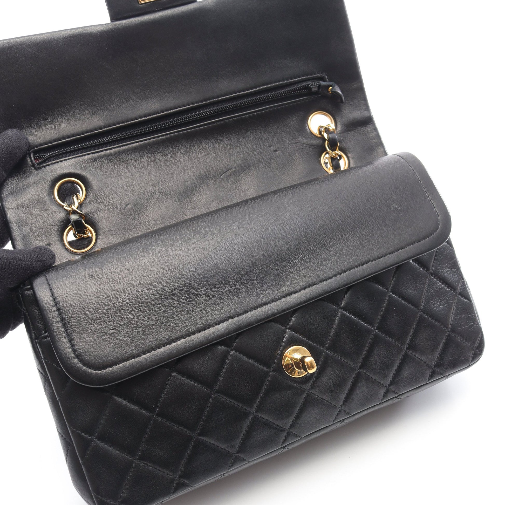 マトラッセ Wフラップ Wチェーンショルダーバッグ ラムスキン ブラック ゴールド金具 シャネル バッグ CHANEL