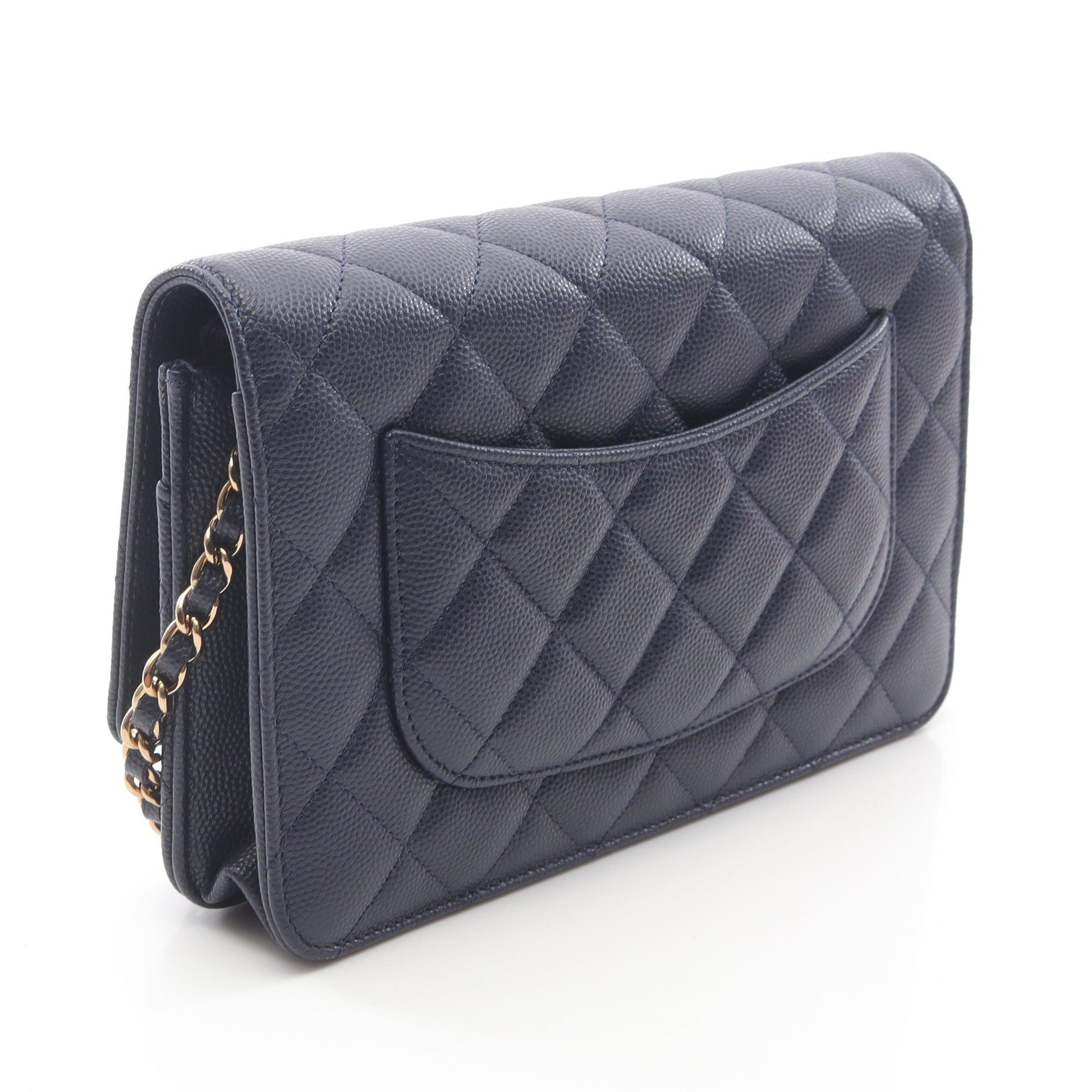 マトラッセ チェーンウォレット キャビアスキン ネイビー ゴールド金具  