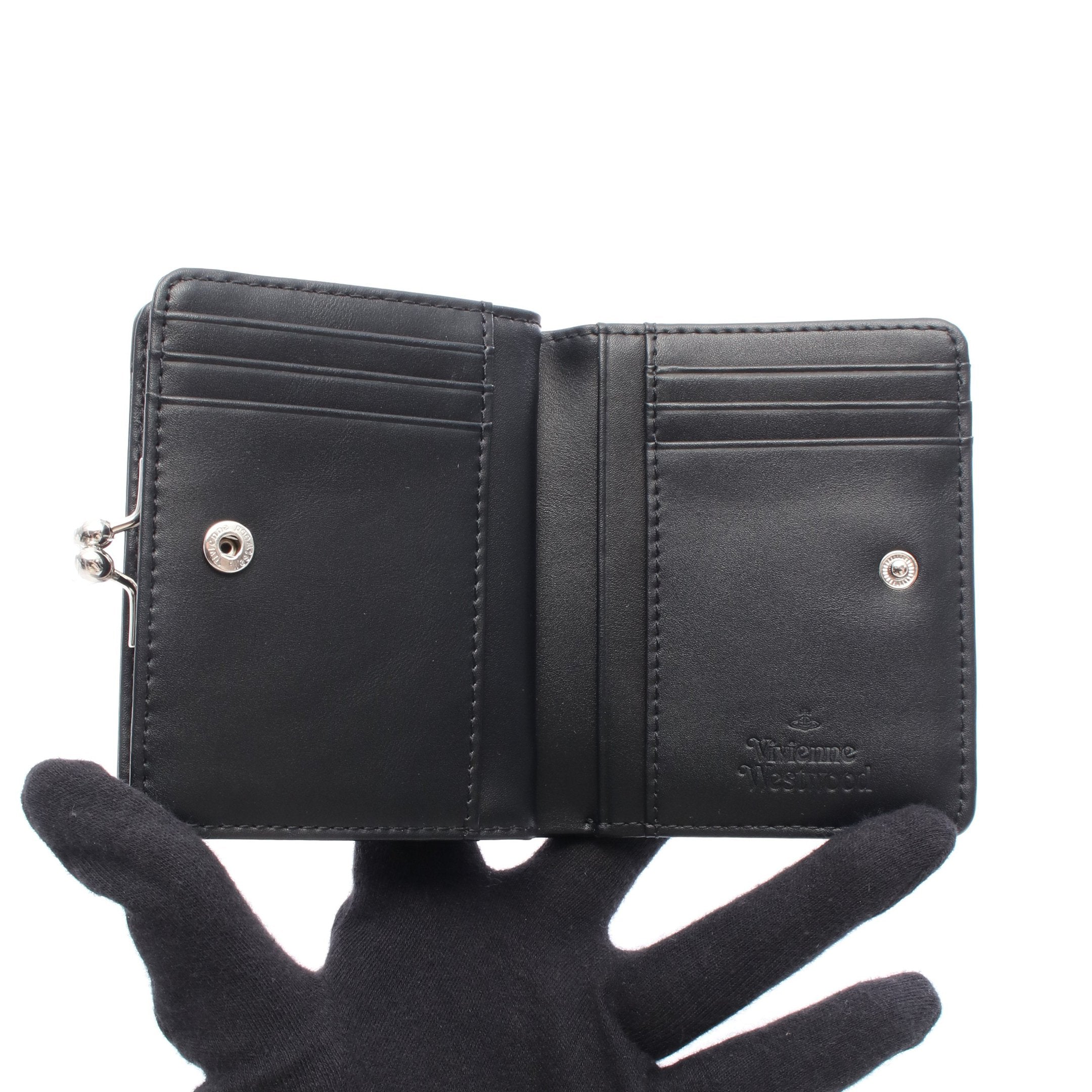 【良品】Vivienne ANNIE 二つ折り財布 がま口 レザー ブラック ヴィヴィアンウエストウッド 二つ折り財布 がま口 アニー 黒 レザー