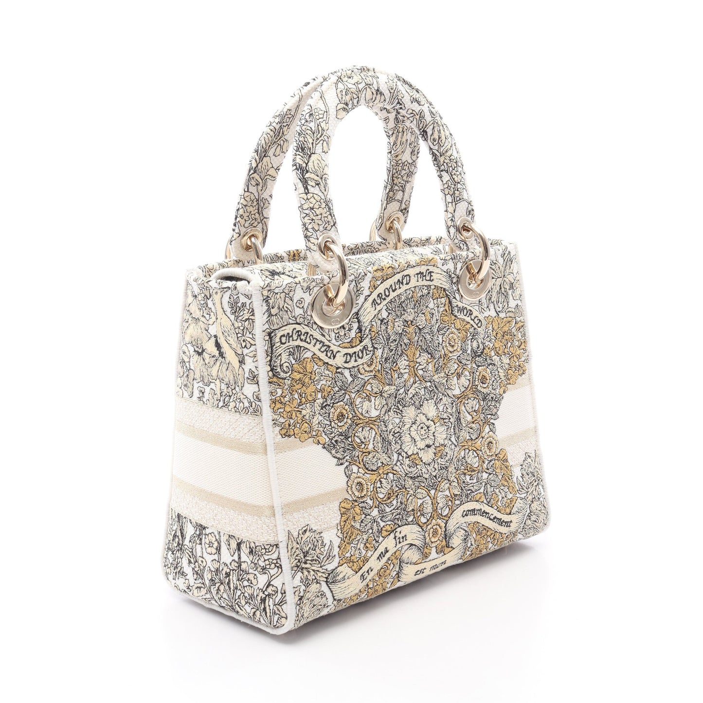 LADY D-LITE ミディアム ハンドバッグ キャンバス ホワイト ブラック ゴールド 2WAY クリスチャンディオール バッグ Christian Dior