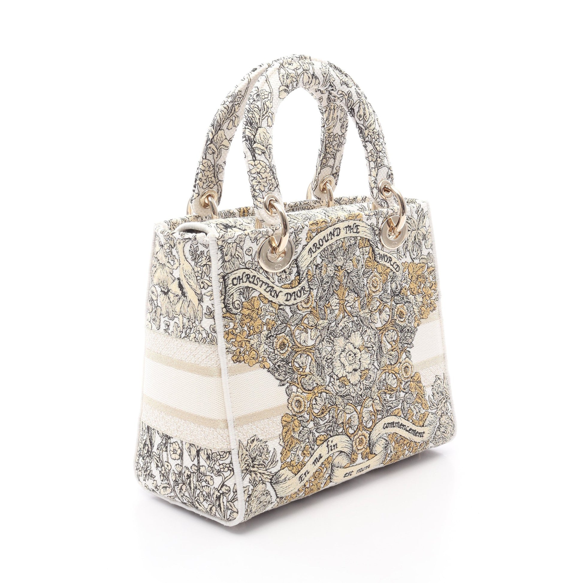 LADY D-LITE ミディアム ハンドバッグ キャンバス ホワイト ブラック ゴールド 2WAY クリスチャンディオール バッグ Christian Dior