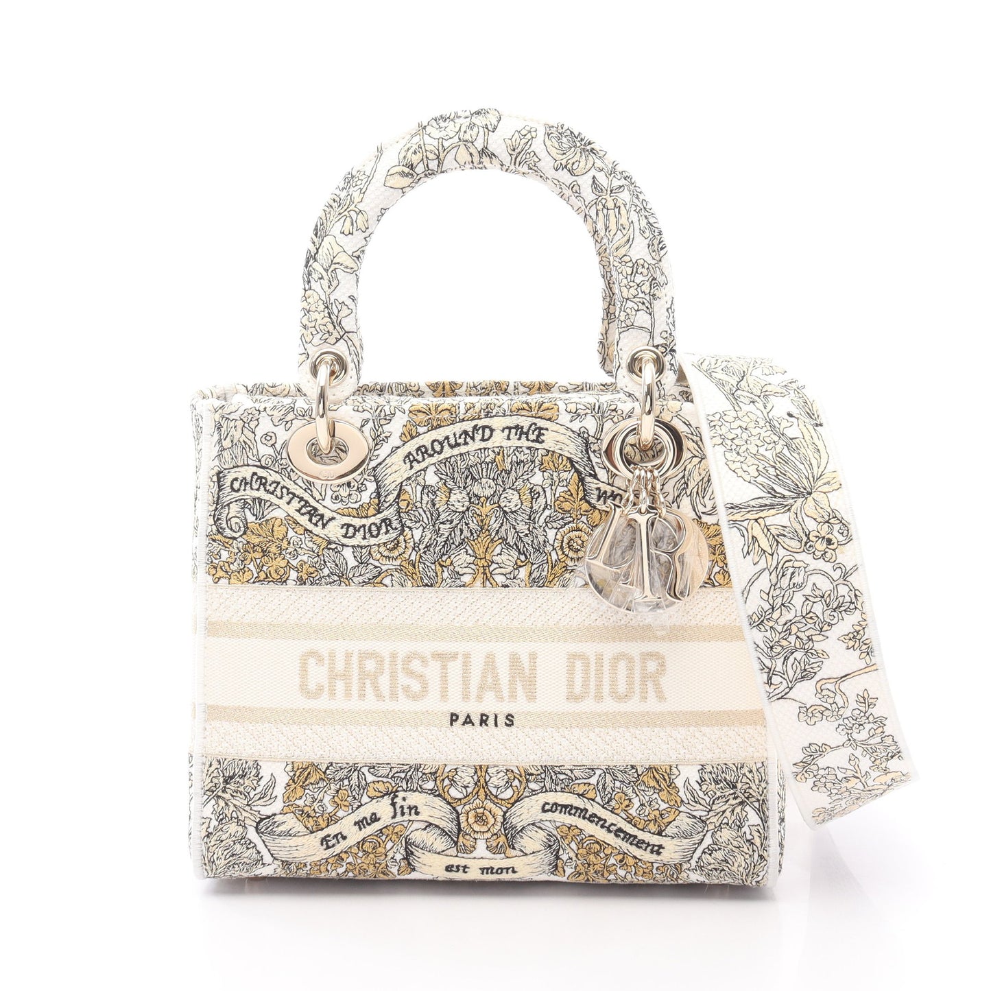 LADY D-LITE ミディアム ハンドバッグ キャンバス ホワイト ブラック ゴールド 2WAY クリスチャンディオール バッグ Christian Dior