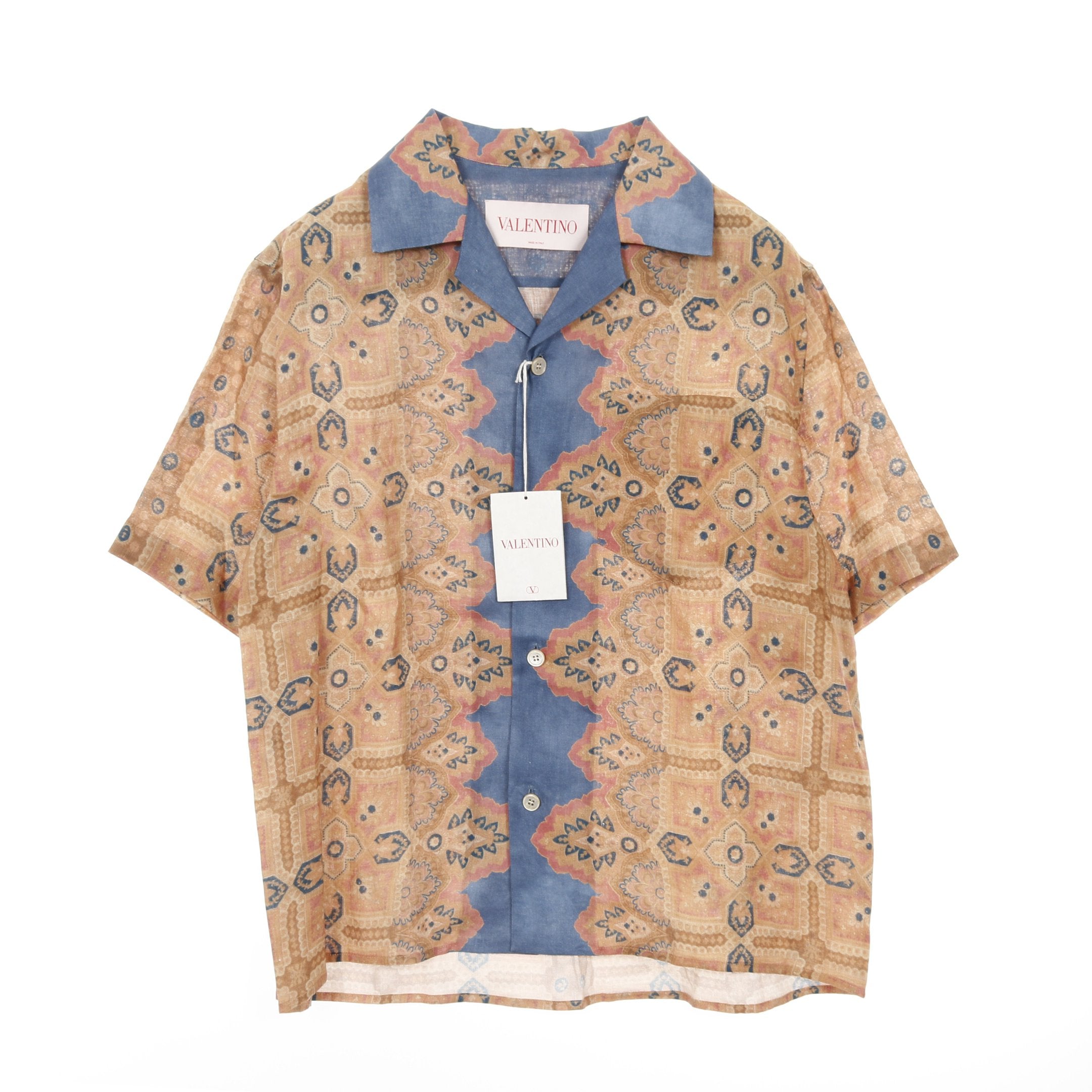 VALENTINO シャツ　総柄 VOYAGE IMAGINAIRE シャツ オープンカラー 半袖 総柄 リネン イエロー