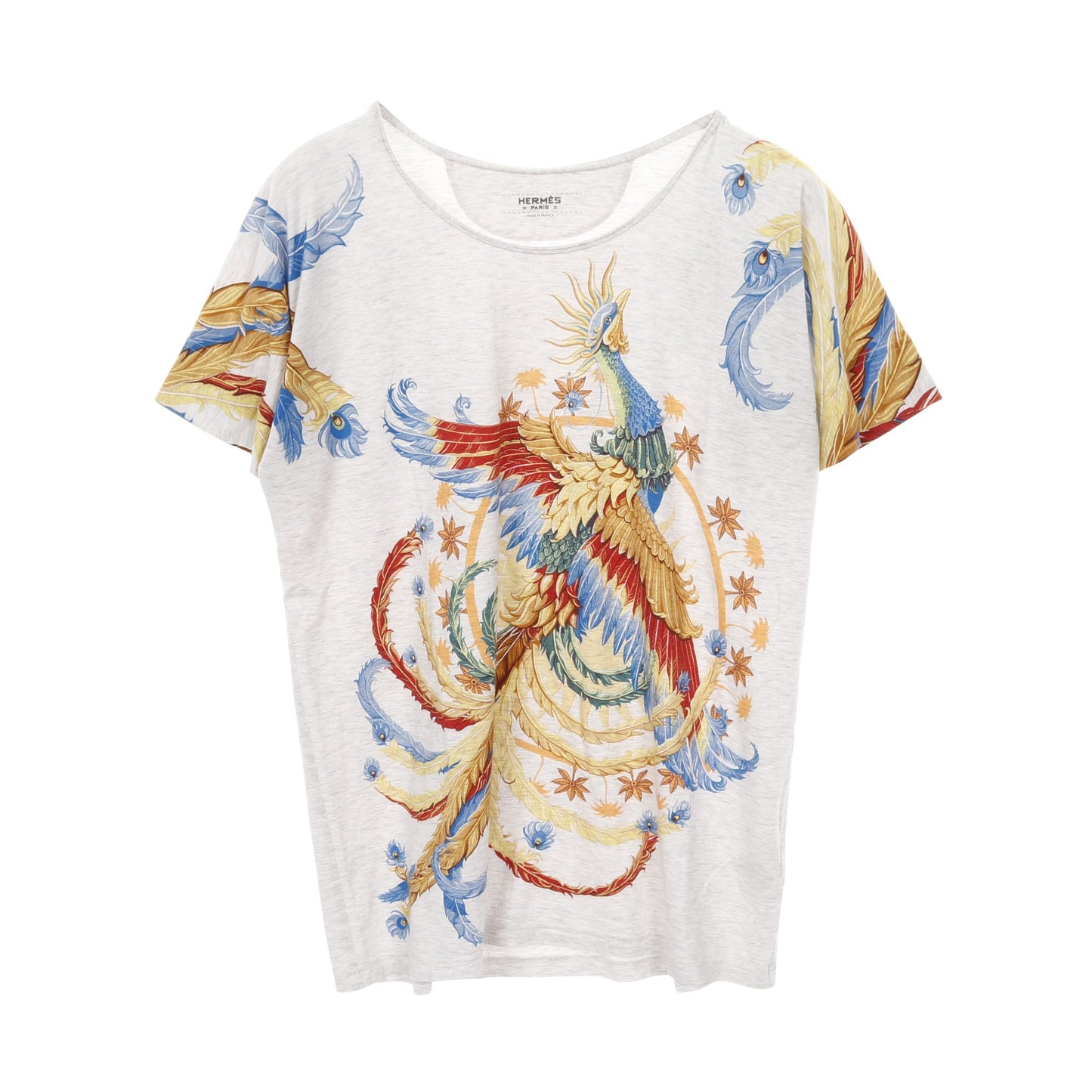 Tシャツ クルーネック 半袖 フェニックスプリント コットン ライトグレー マルチカラー エルメス トップス HERMES