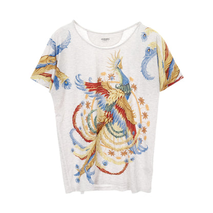 Tシャツ クルーネック 半袖 フェニックスプリント コットン ライトグレー マルチカラー エルメス トップス HERMES