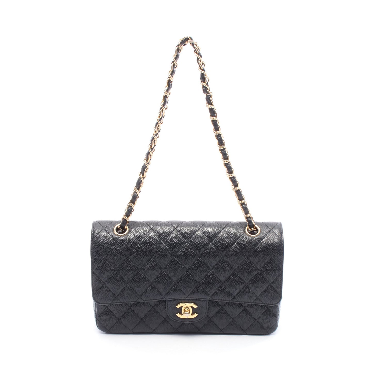 マトラッセ Wフラップ Wチェーンショルダーバッグ キャビアスキン ブラック ゴールド金具 シャネル バッグ CHANEL