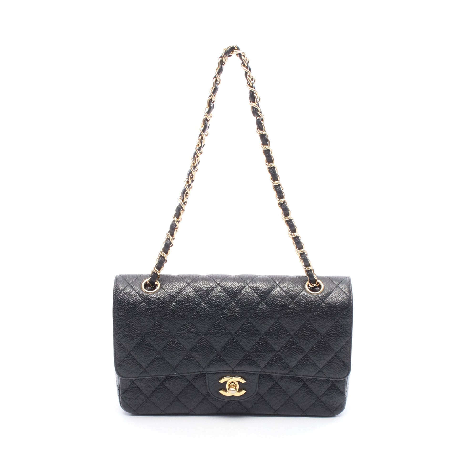 マトラッセ Wフラップ Wチェーンショルダーバッグ キャビアスキン ブラック ゴールド金具 シャネル バッグ CHANEL