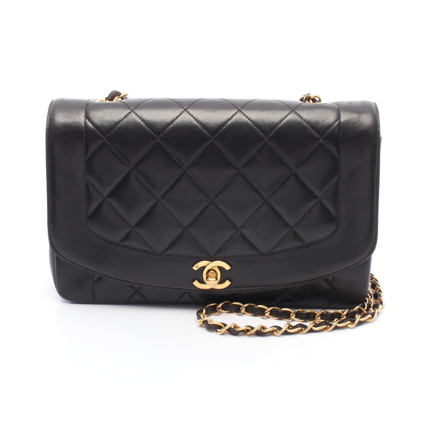マトラッセ ダイアナフラップ チェーンショルダーバッグ ラムスキン ブラック ゴールド金具 シャネル バッグ CHANEL