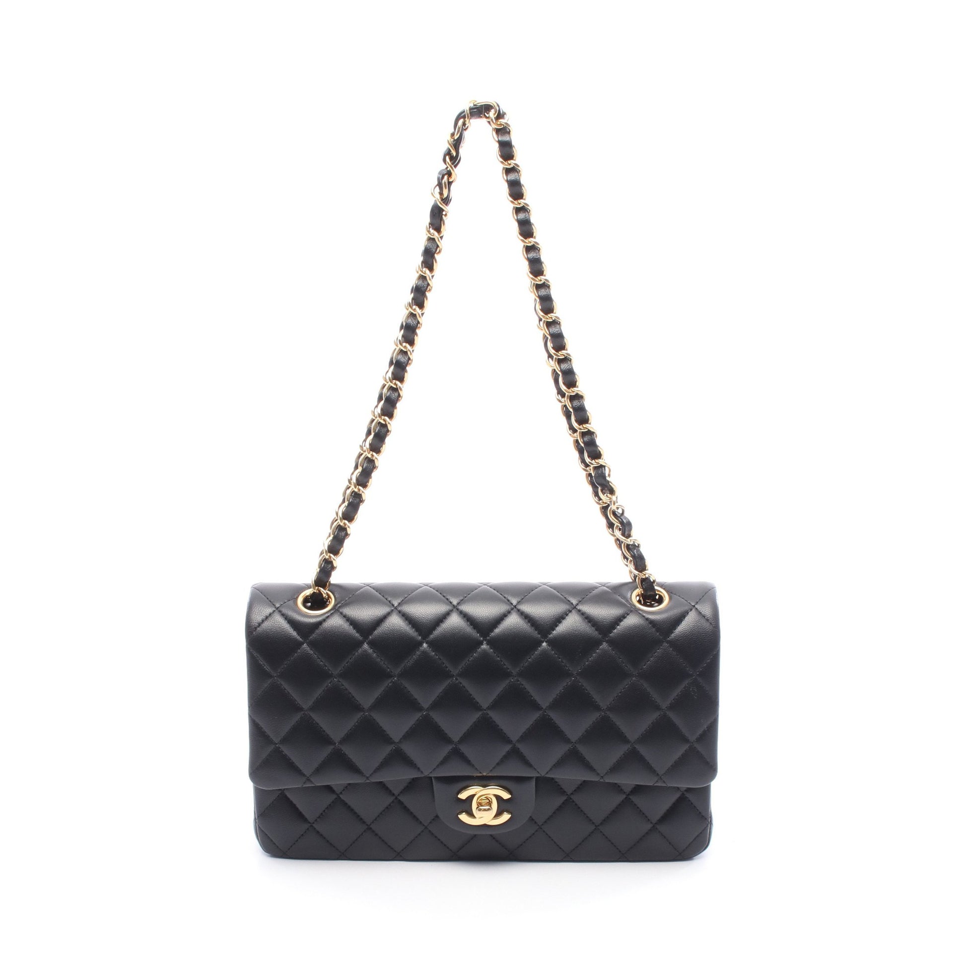 マトラッセ Wフラップ Wチェーンショルダーバッグ ラムスキン ブラック ゴールド金具 シャネル バッグ CHANEL