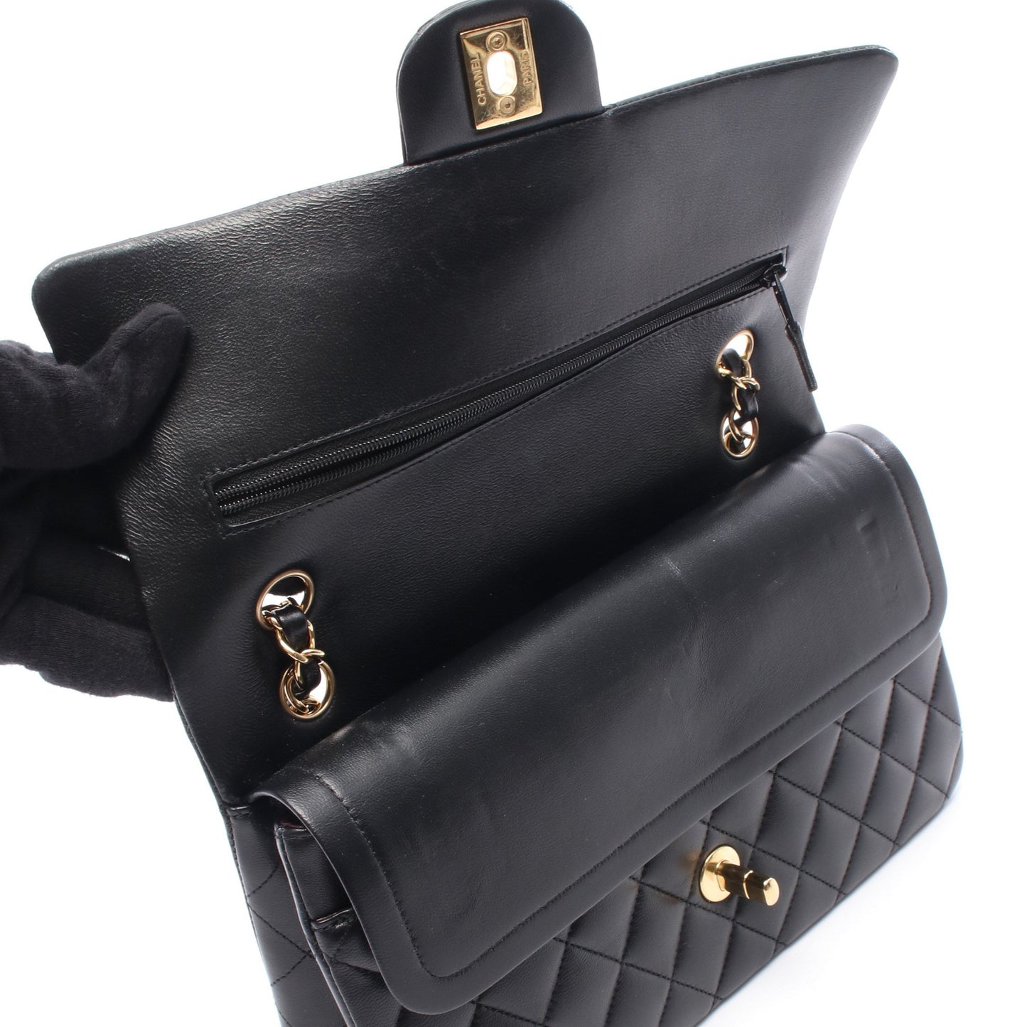 マトラッセ Wフラップ Wチェーンショルダーバッグ ラムスキン ブラック ゴールド金具 シャネル バッグ CHANEL