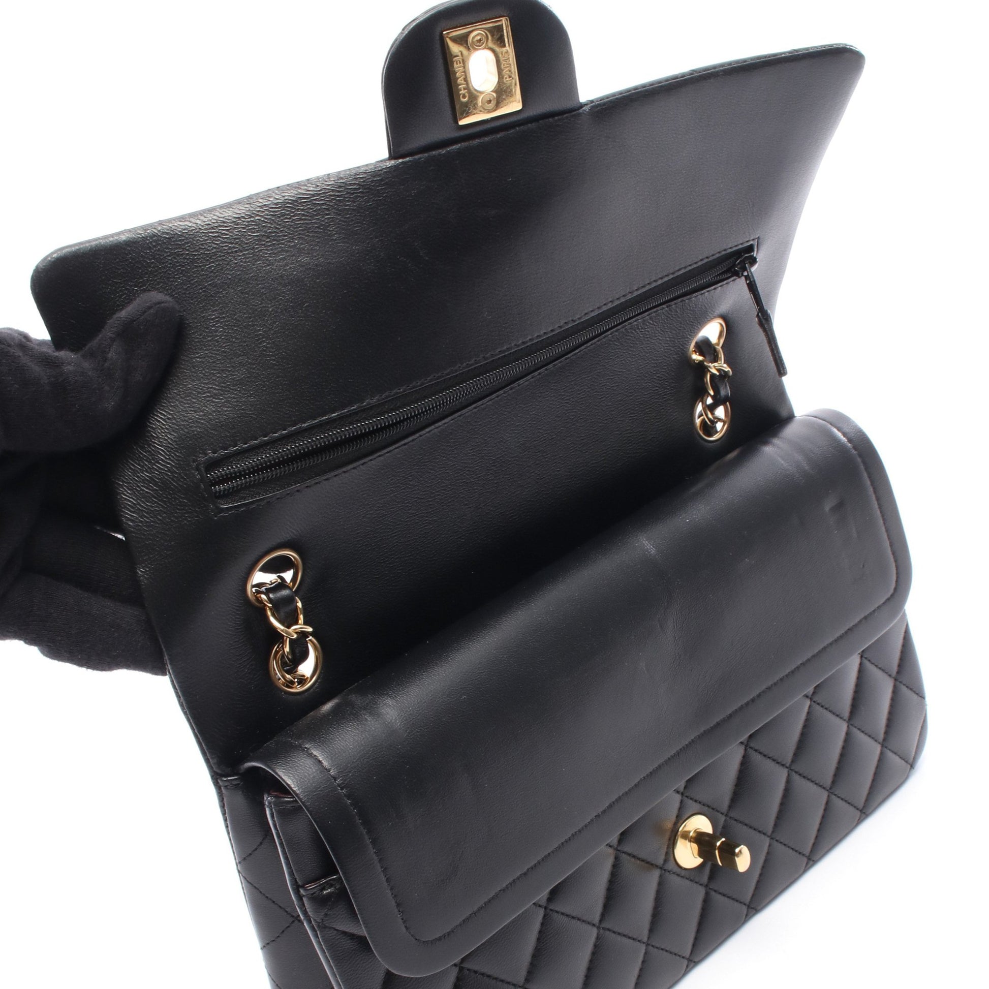 マトラッセ Wフラップ Wチェーンショルダーバッグ ラムスキン ブラック ゴールド金具 シャネル バッグ CHANEL