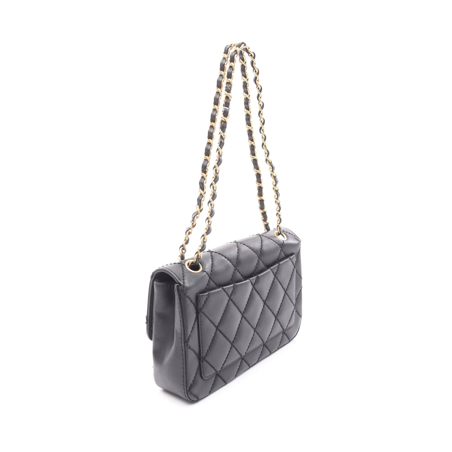 ワイルドステッチ Wチェーンショルダーバッグ レザー ブラック ゴールド金具 シャネル バッグ CHANEL