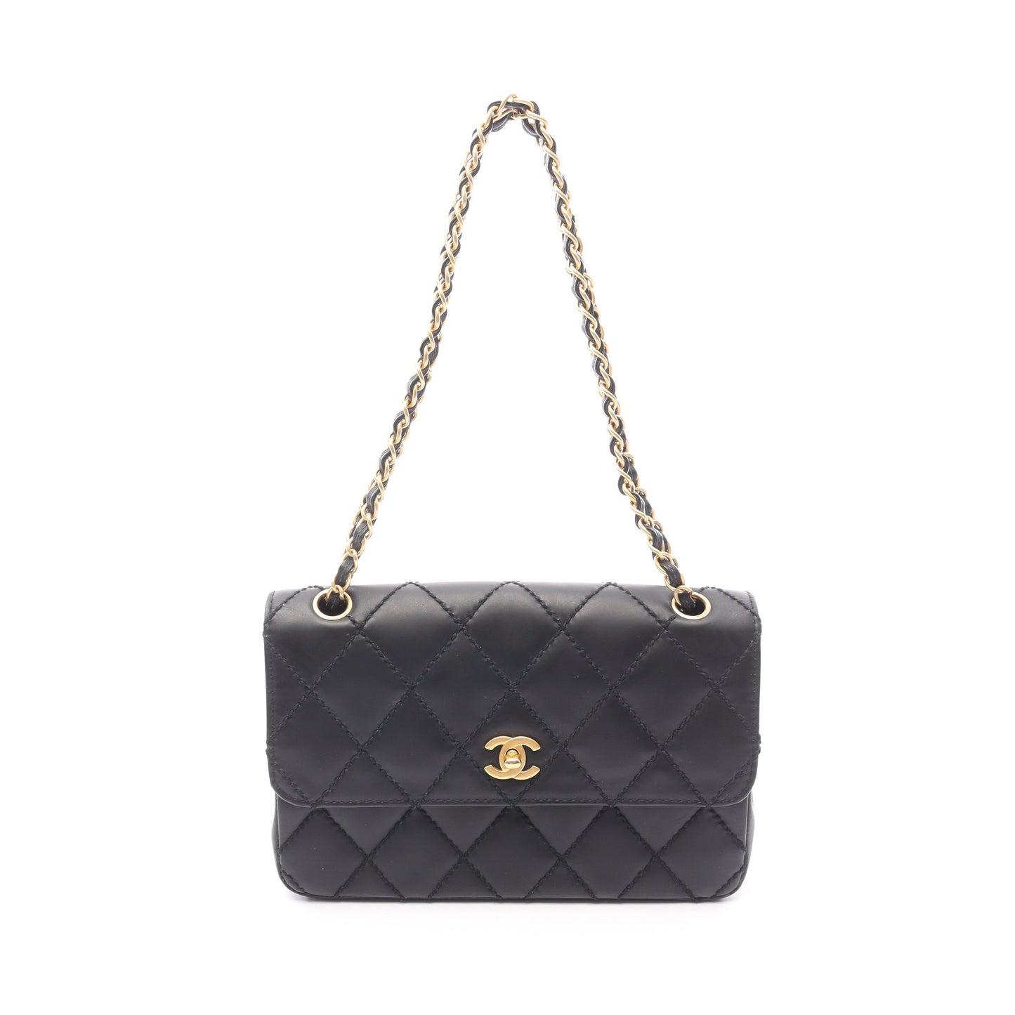 ワイルドステッチ Wチェーンショルダーバッグ レザー ブラック ゴールド金具 シャネル バッグ CHANEL