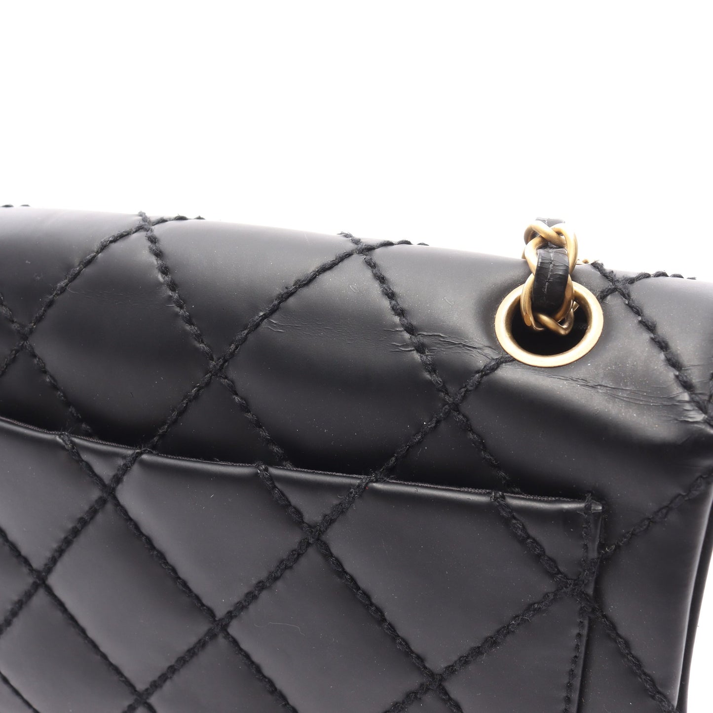 ワイルドステッチ Wチェーンショルダーバッグ レザー ブラック ゴールド金具 シャネル バッグ CHANEL