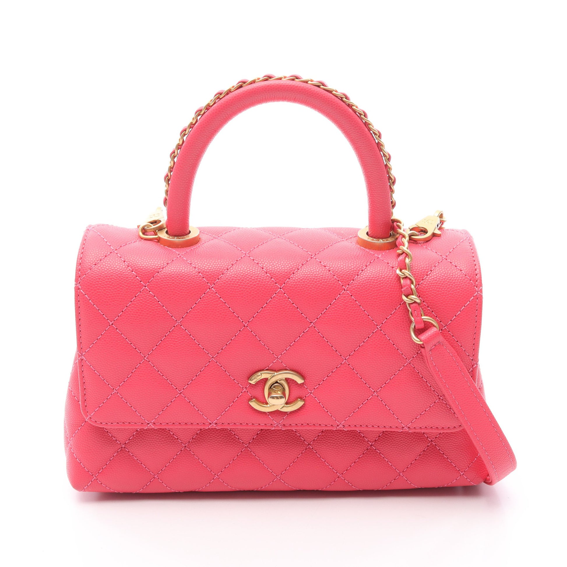 ココハンドル フラップ マトラッセ ハンドバッグ キャビアスキン ピンクレッド ゴールド金具 2WAY シャネル バッグ CHANEL