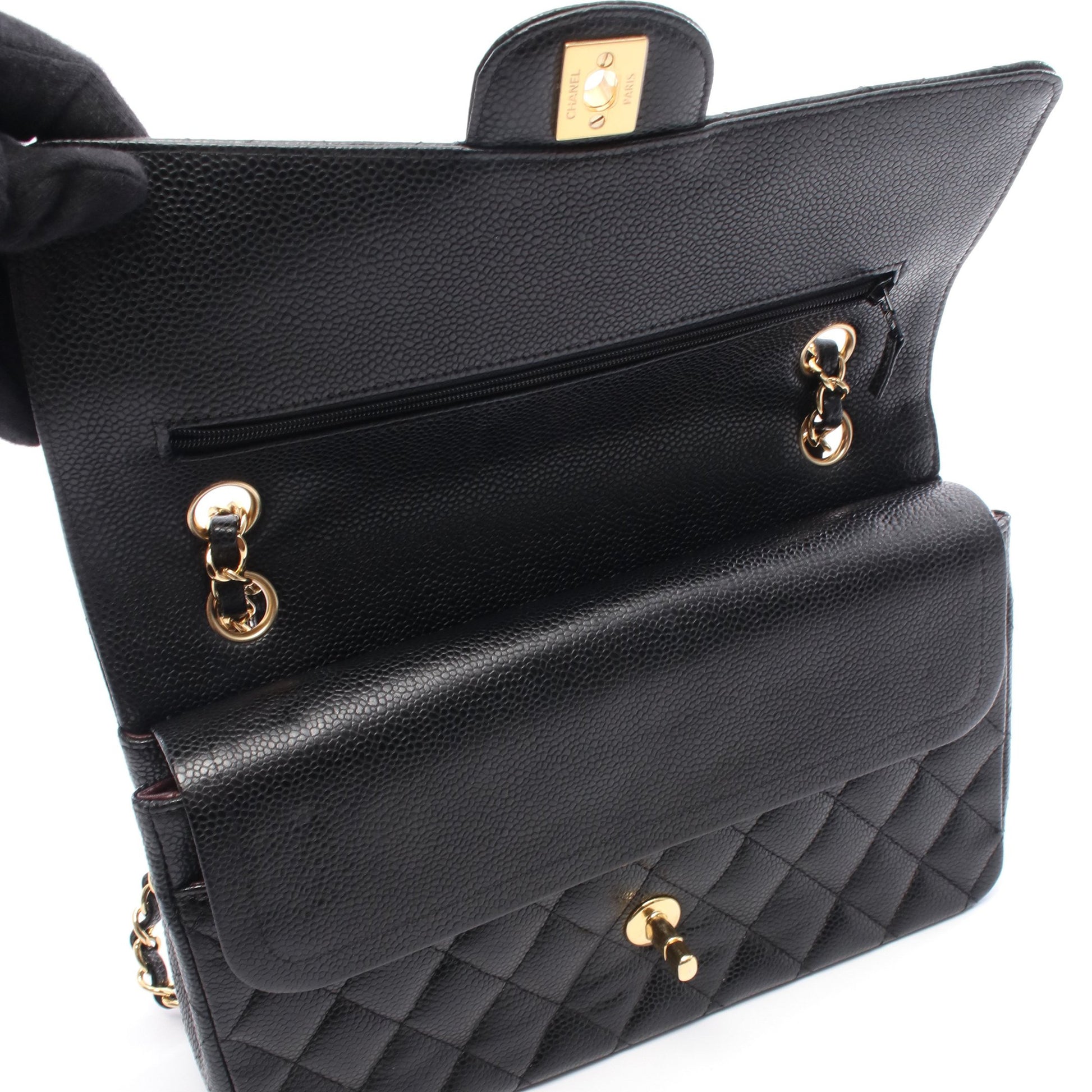 マトラッセ Wフラップ Wチェーンショルダーバッグ キャビアスキン ブラック ゴールド金具 シャネル バッグ CHANEL