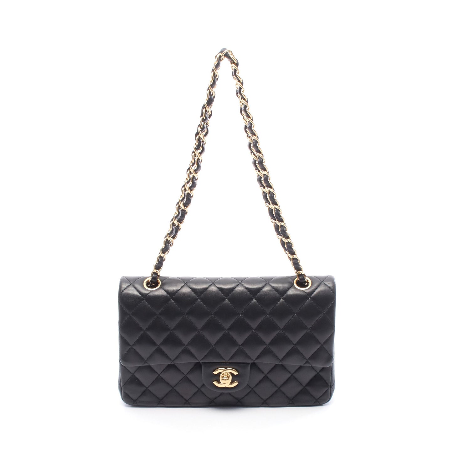 マトラッセ Wフラップ Wチェーンショルダーバッグ レザー ブラック ゴールド金具 シャネル バッグ CHANEL