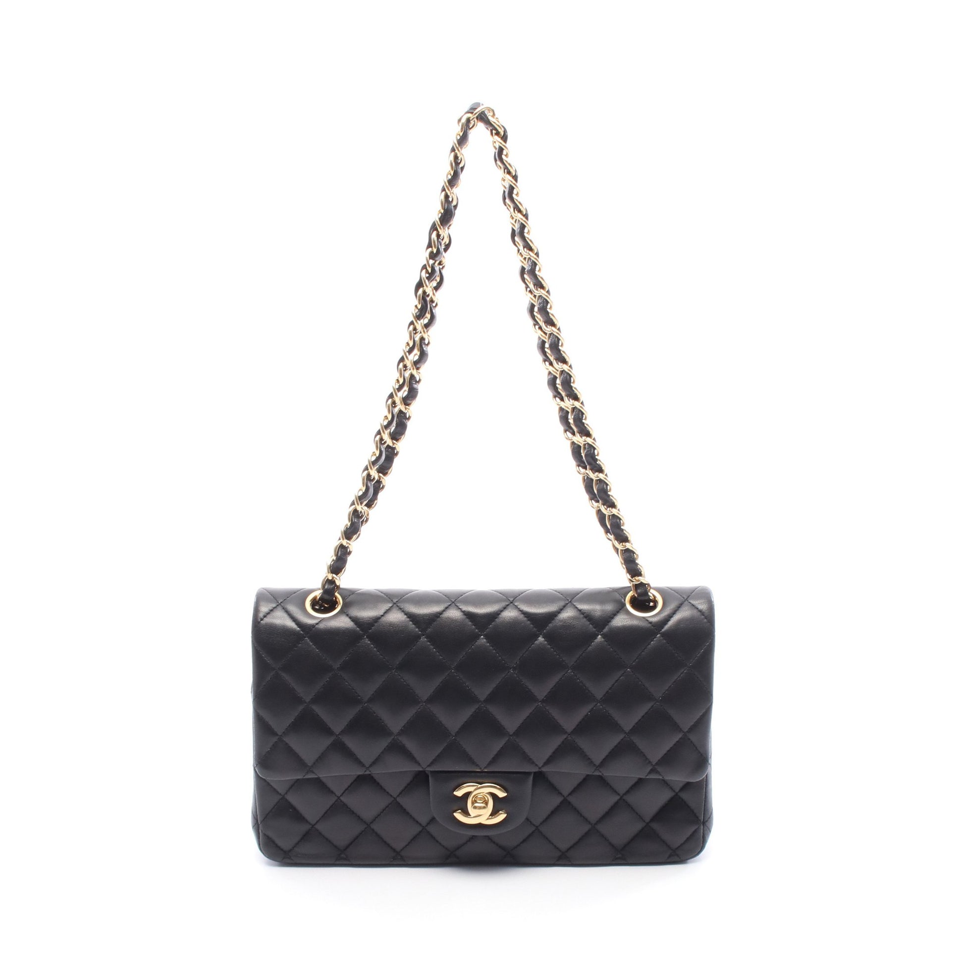 マトラッセ Wフラップ Wチェーンショルダーバッグ レザー ブラック ゴールド金具 シャネル バッグ CHANEL