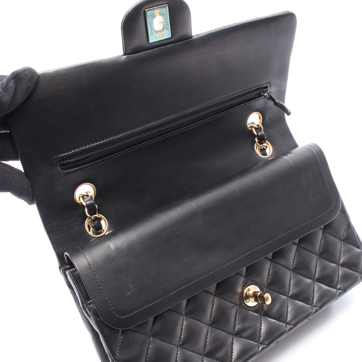 マトラッセ Wフラップ Wチェーンショルダーバッグ レザー ブラック ゴールド金具 シャネル バッグ CHANEL