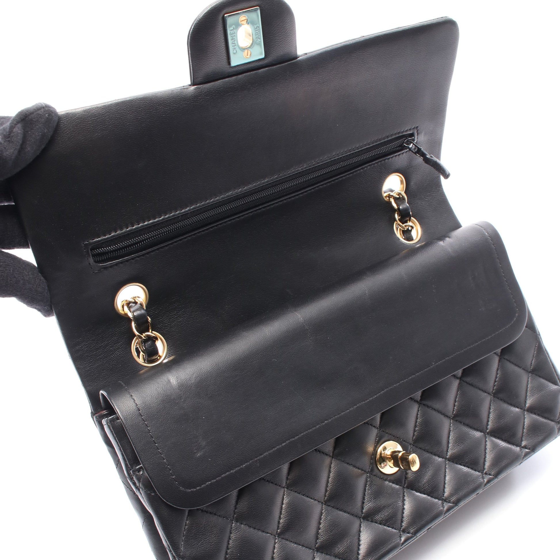 マトラッセ Wフラップ Wチェーンショルダーバッグ レザー ブラック ゴールド金具 シャネル バッグ CHANEL