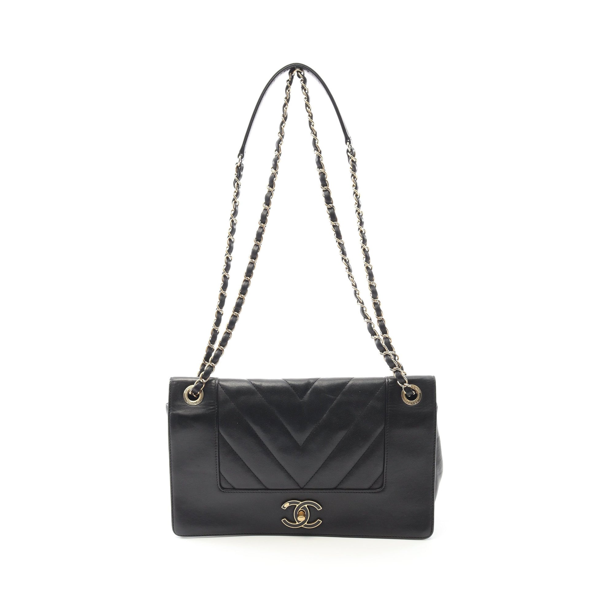 Vステッチ チェーンショルダーバッグ ラムスキン ブラック ゴールド金具 シャネル バッグ CHANEL