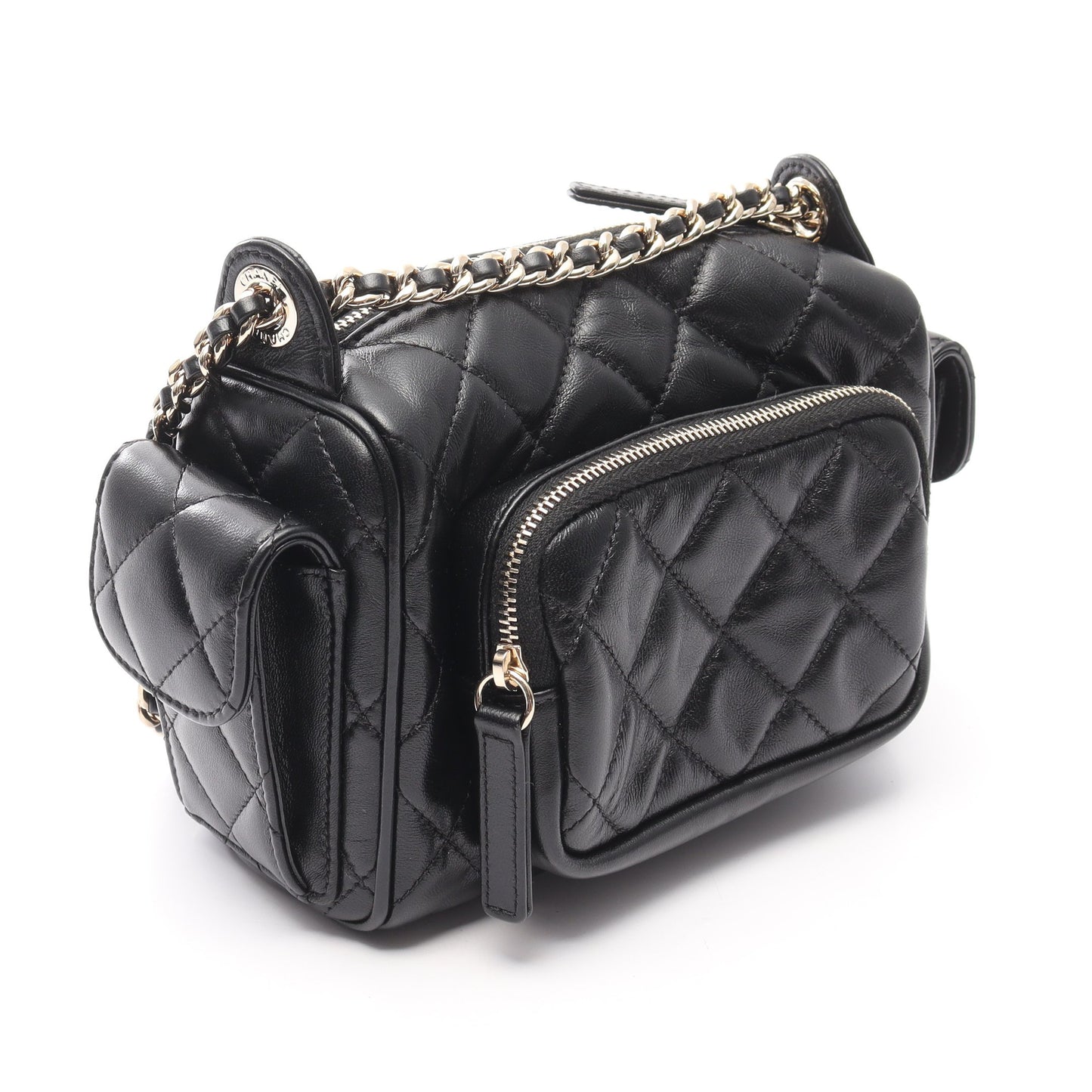 マトラッセ カメラバッグ チェーンショルダーバッグ ラムスキン ブラック ゴールド金具 シャネル バッグ CHANEL